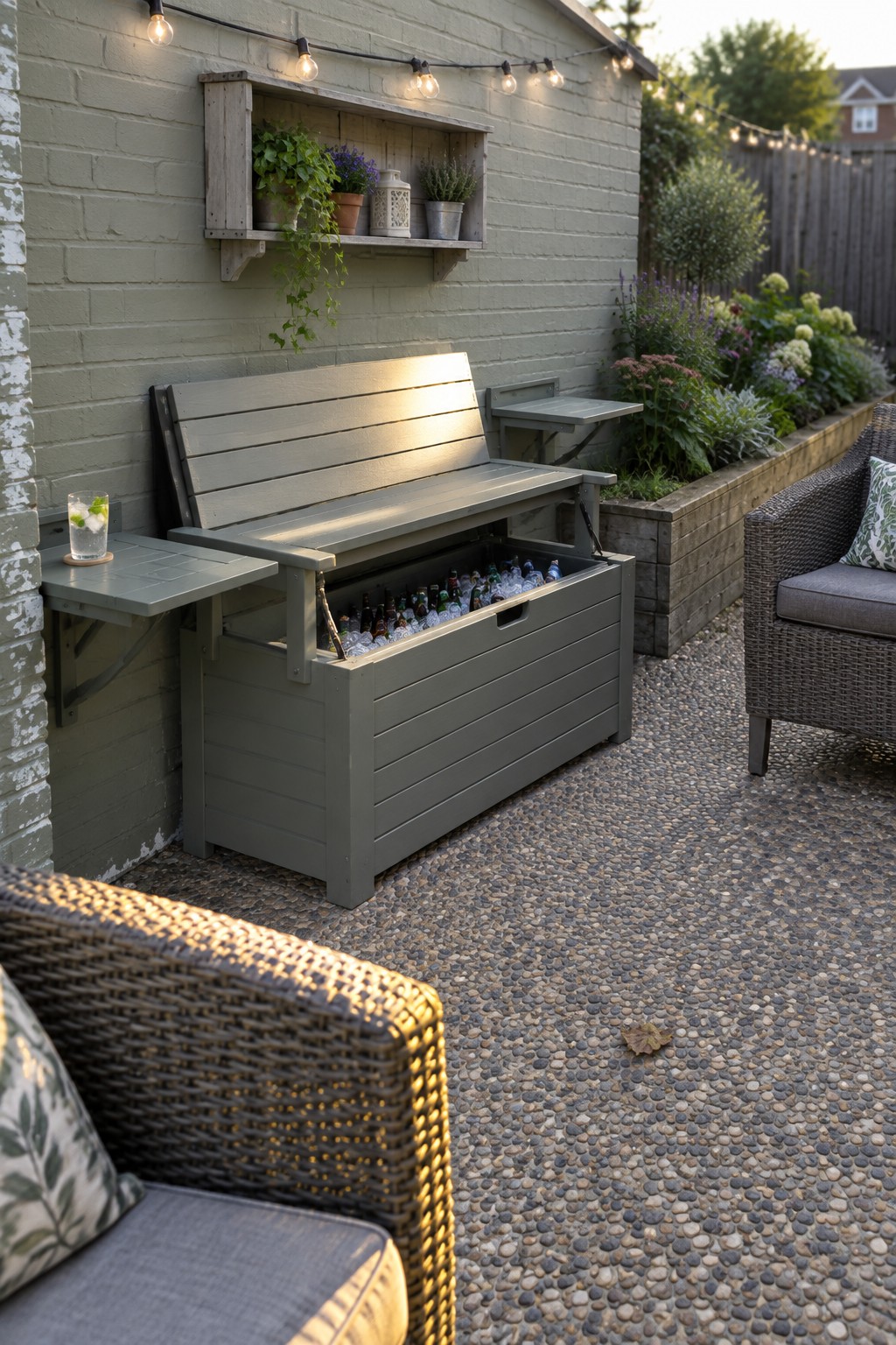 Gray storage bench open with bottles on pebble patio under string lights