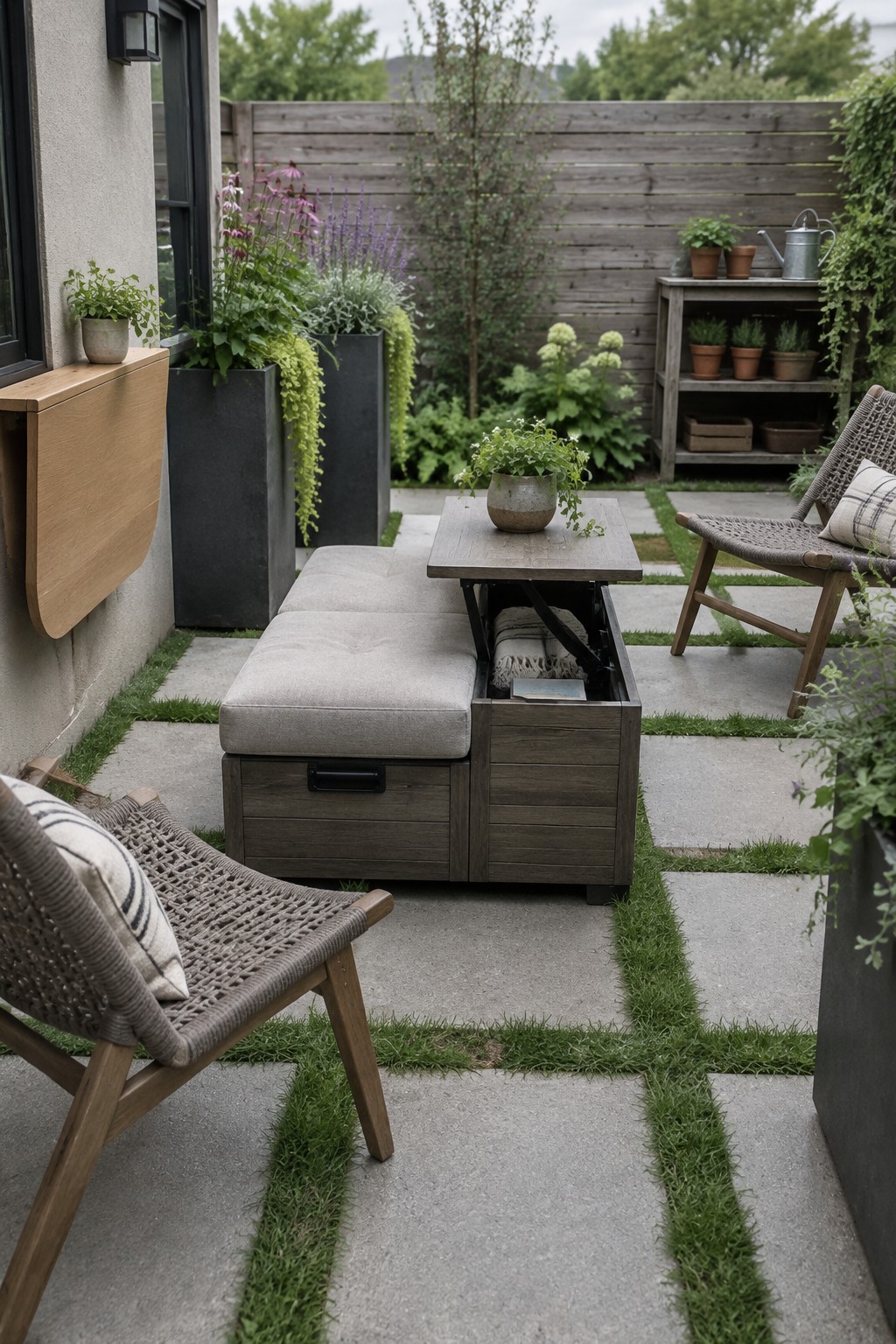 A patio with a wooden storage bench featuring a lift-top table surface, cushioned seating, and internal storage holding a blanket, surrounded by woven chairs on stone pavers with potted plants and a wall-mounted drop-leaf table nearby.