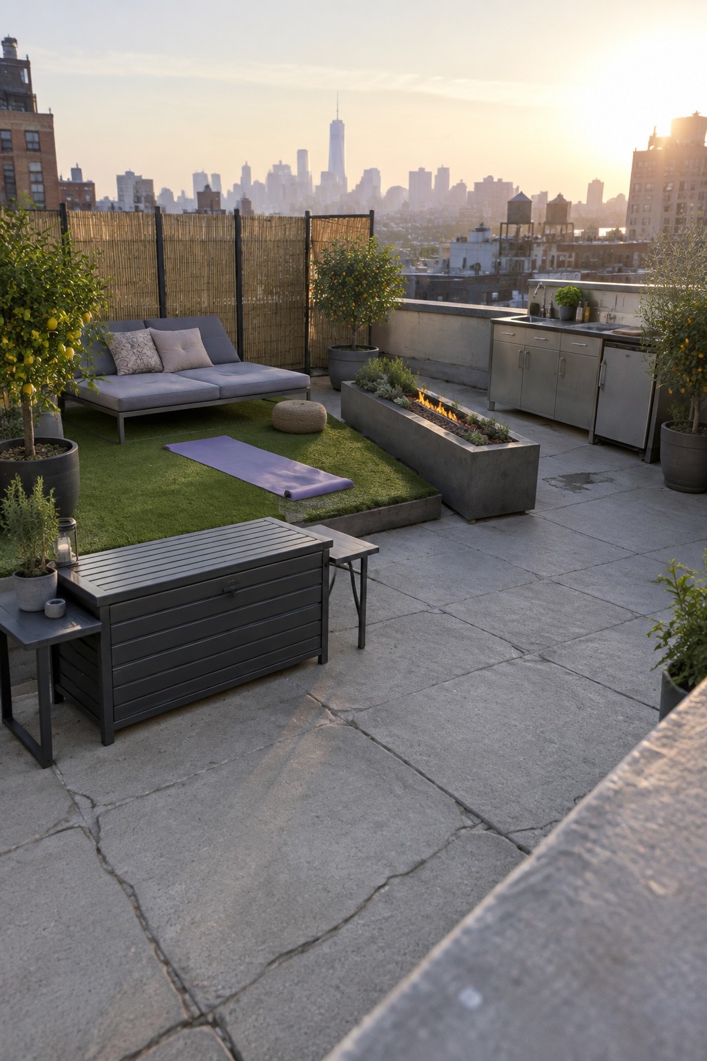 A rooftop patio featuring a dark gray storage bench, a blue daybed, a purple yoga mat on artificial turf, a concrete fire pit planter, and a stainless steel outdoor kitchen with potted trees and a city skyline at sunset.