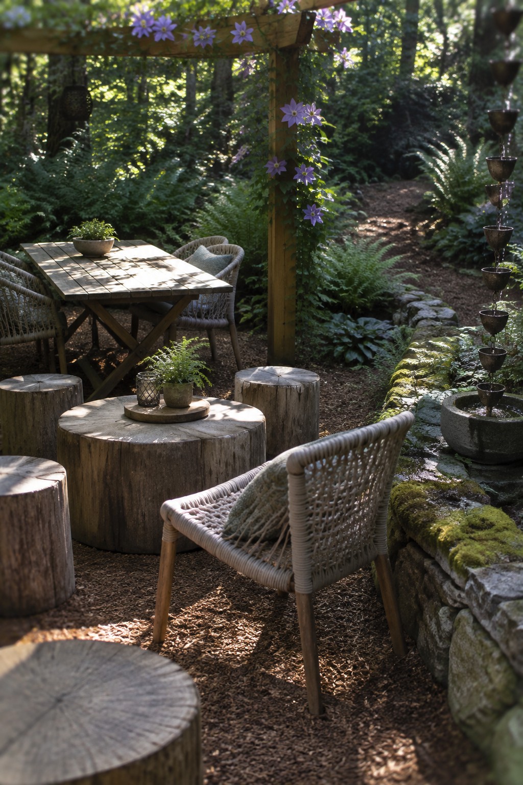 A shaded patio with a wooden table, woven chairs, and several tree stump seats arranged on wood chips next to a moss-covered stone wall with a small fountain in a wooded garden.