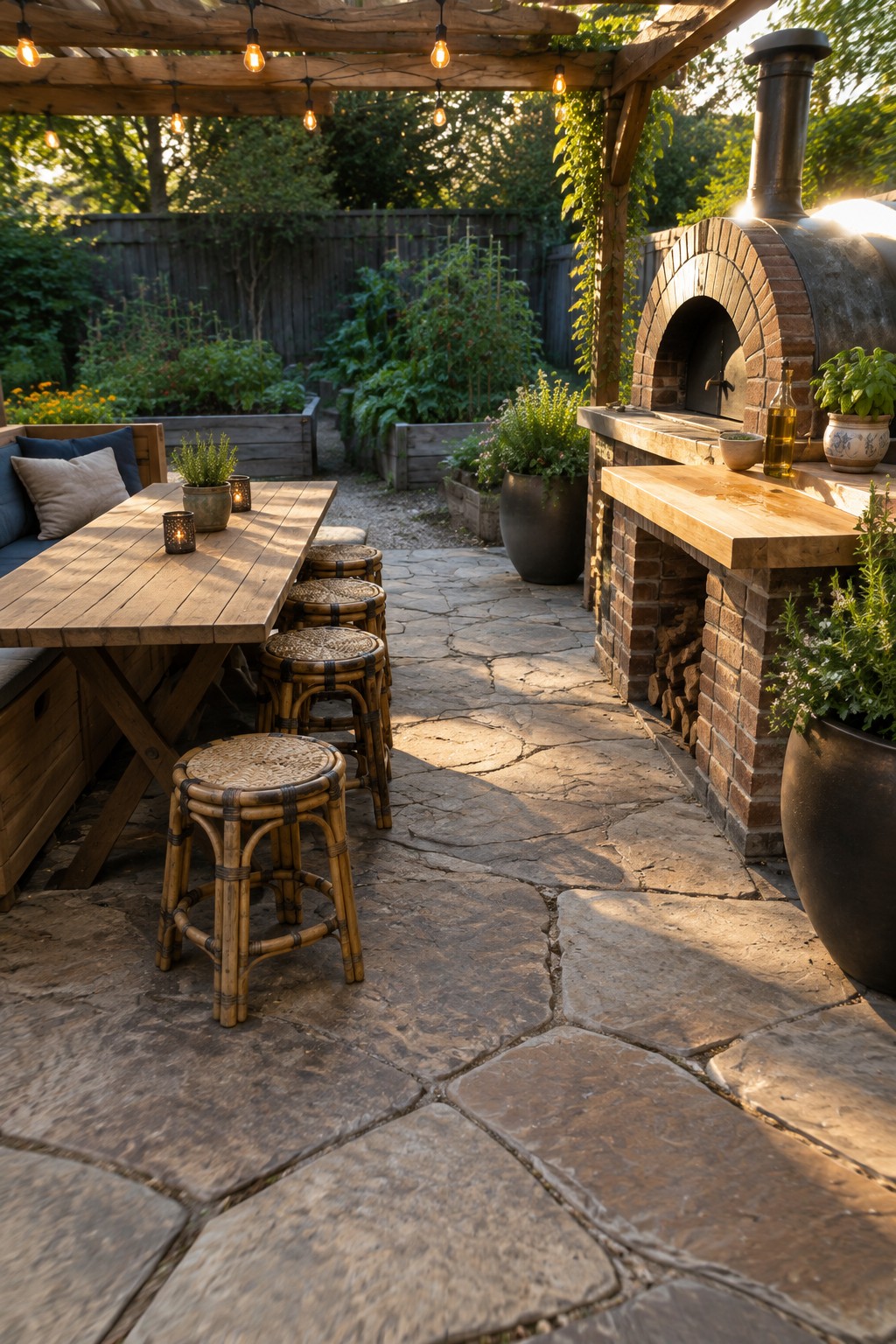 A wooden outdoor dining table with several woven rattan stools arranged on a stone patio beside a brick pizza oven under string lights.
