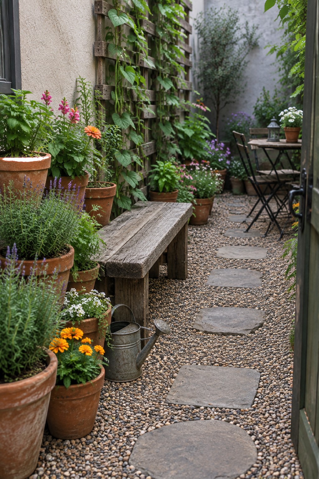 A narrow outdoor patio features a weathered wooden bench beside rows of terracotta pots, a gravel surface with flat stepping stones, and a small table in the background.