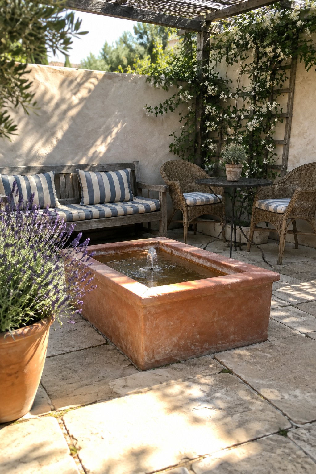 A rectangular terracotta fountain sits at the center of a stone patio, with a wooden bench and striped cushions on the left and two wicker chairs around a small table on the right.