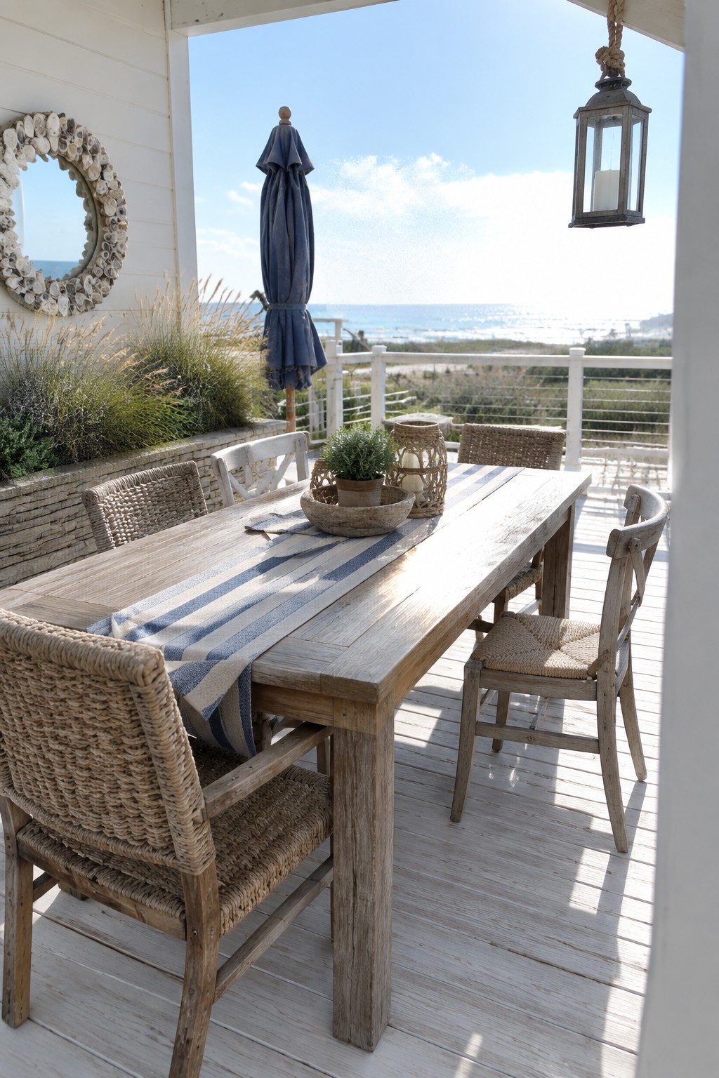 A long wooden outdoor dining table with a blue and white striped runner is set on a white deck, surrounded by woven chairs and overlooking the ocean.