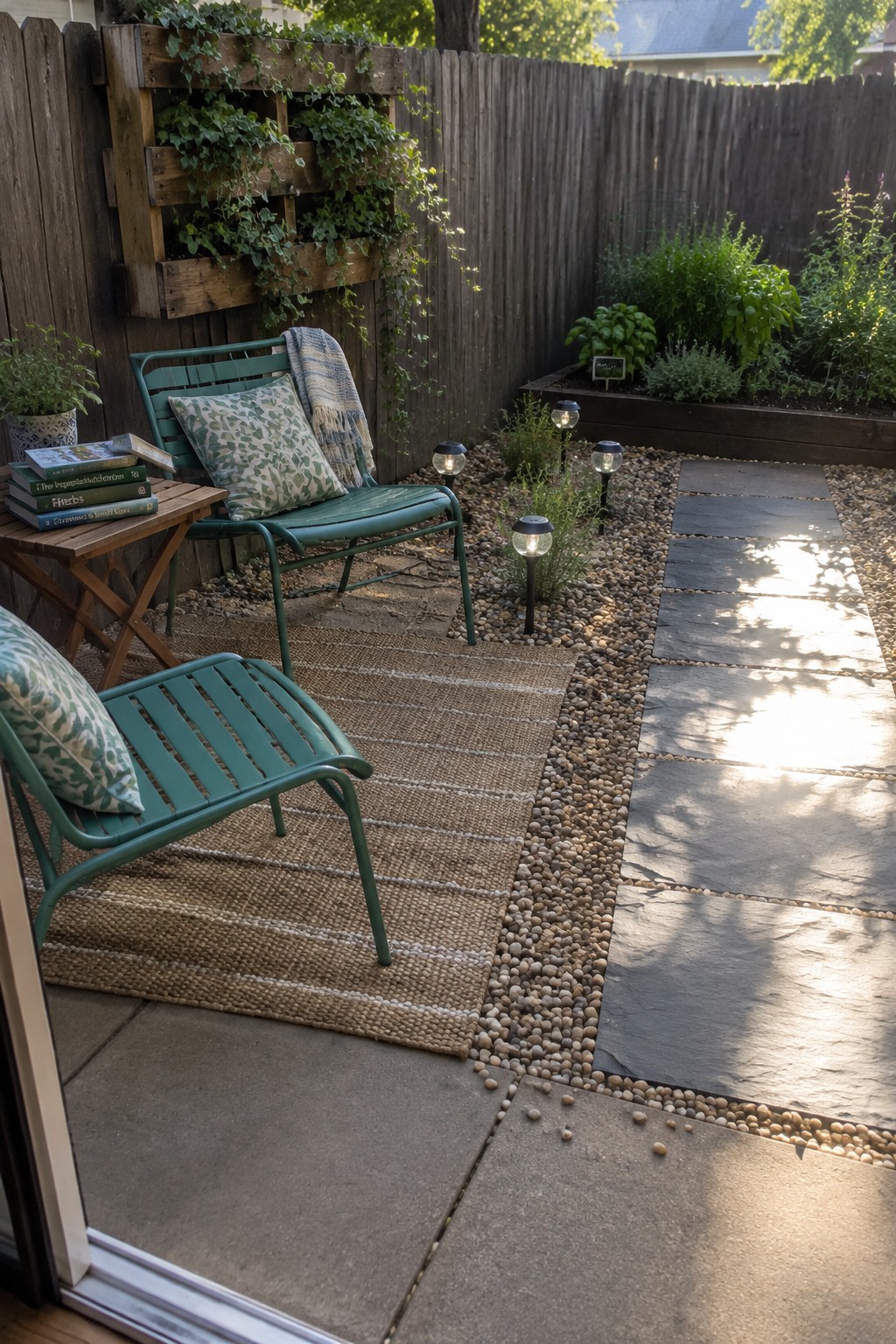 A backyard patio with green metal chairs on a woven rug over gravel, stone pavers leading through the space, solar lights, and a vertical garden on the fence.