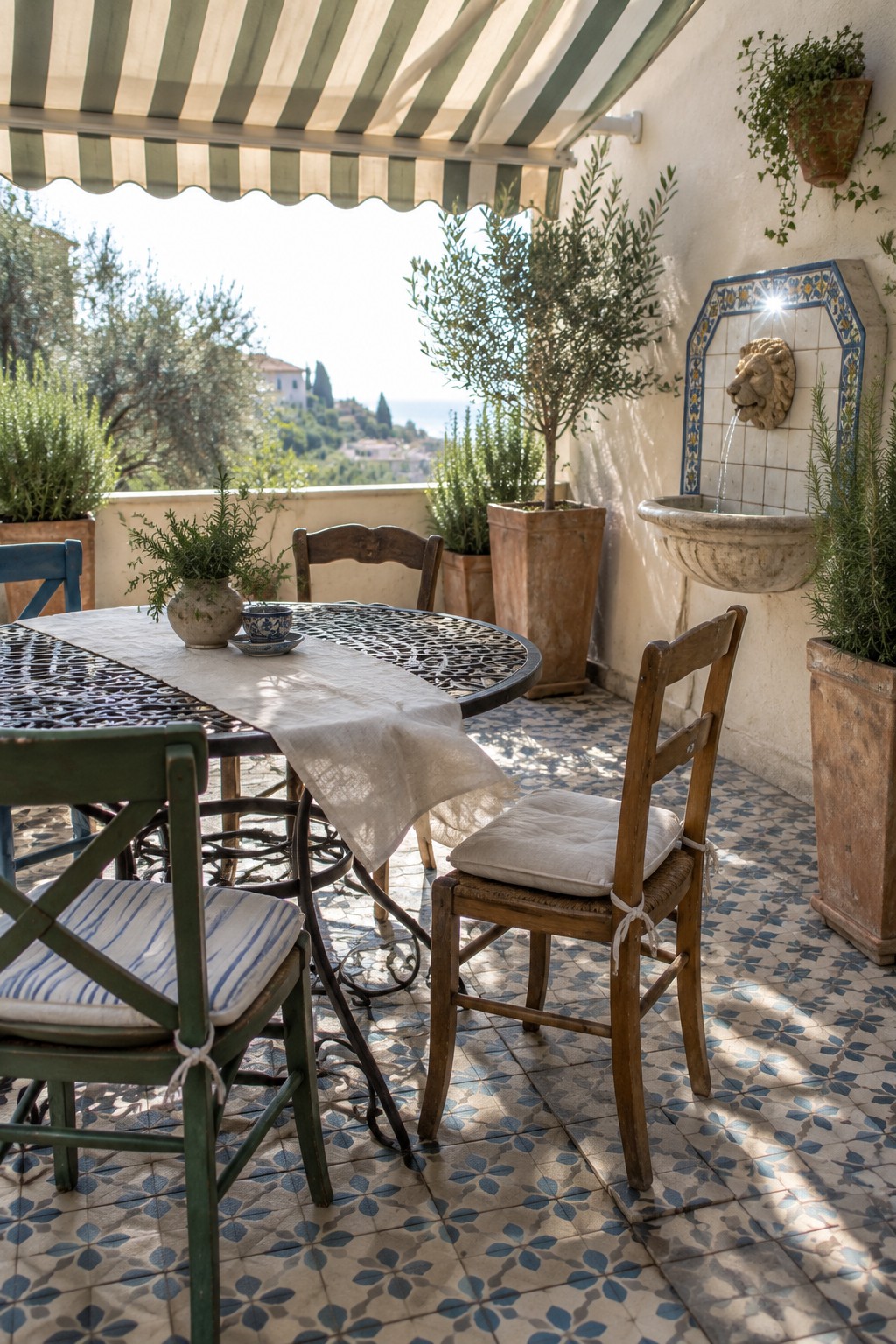 A patio with a green and white striped awning over a round metal table surrounded by mixed wooden and painted chairs, potted plants, and a tiled fountain on a patterned floor.