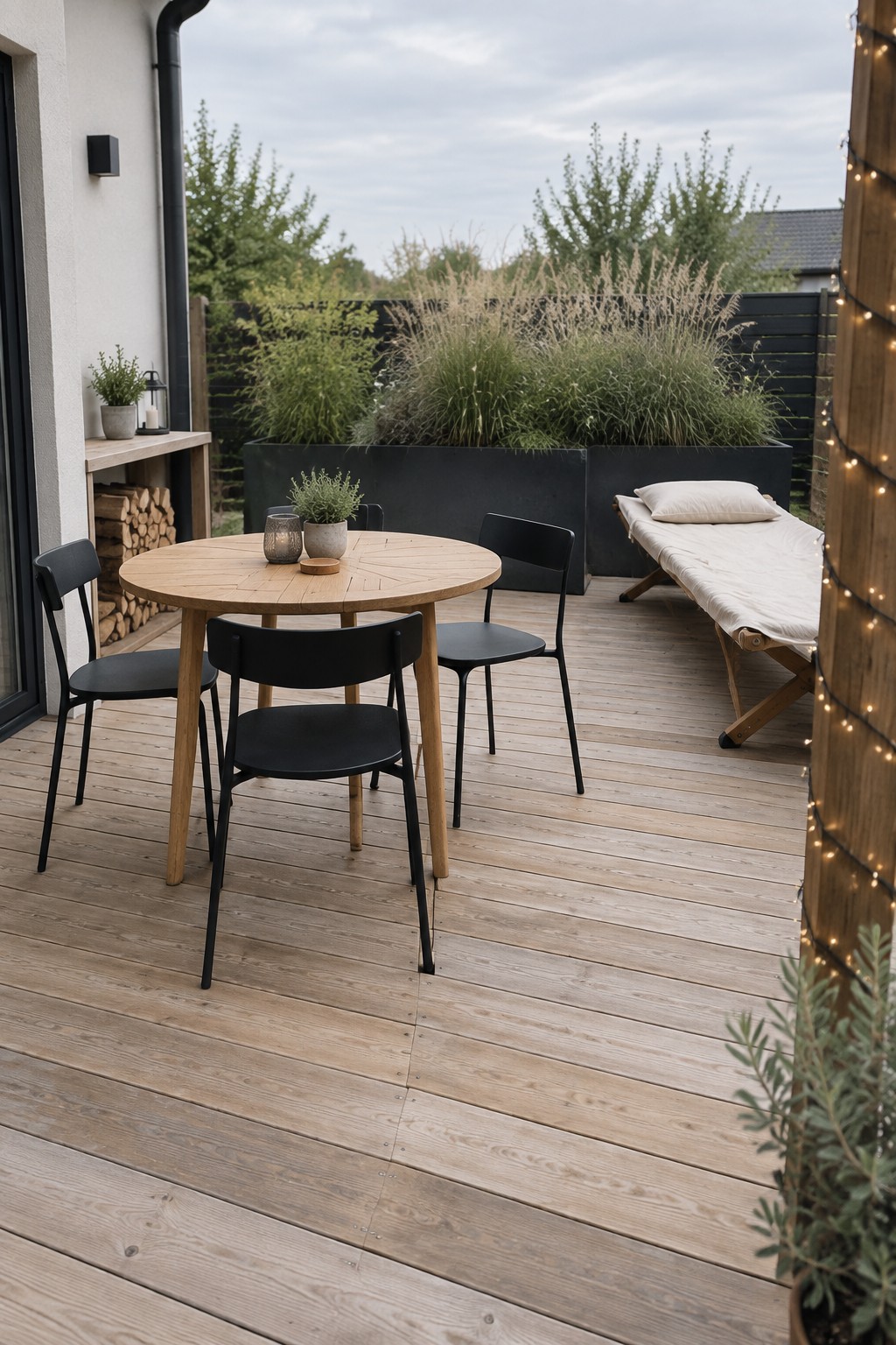 Modern wooden deck with round table, black chairs, daybed, and string lights