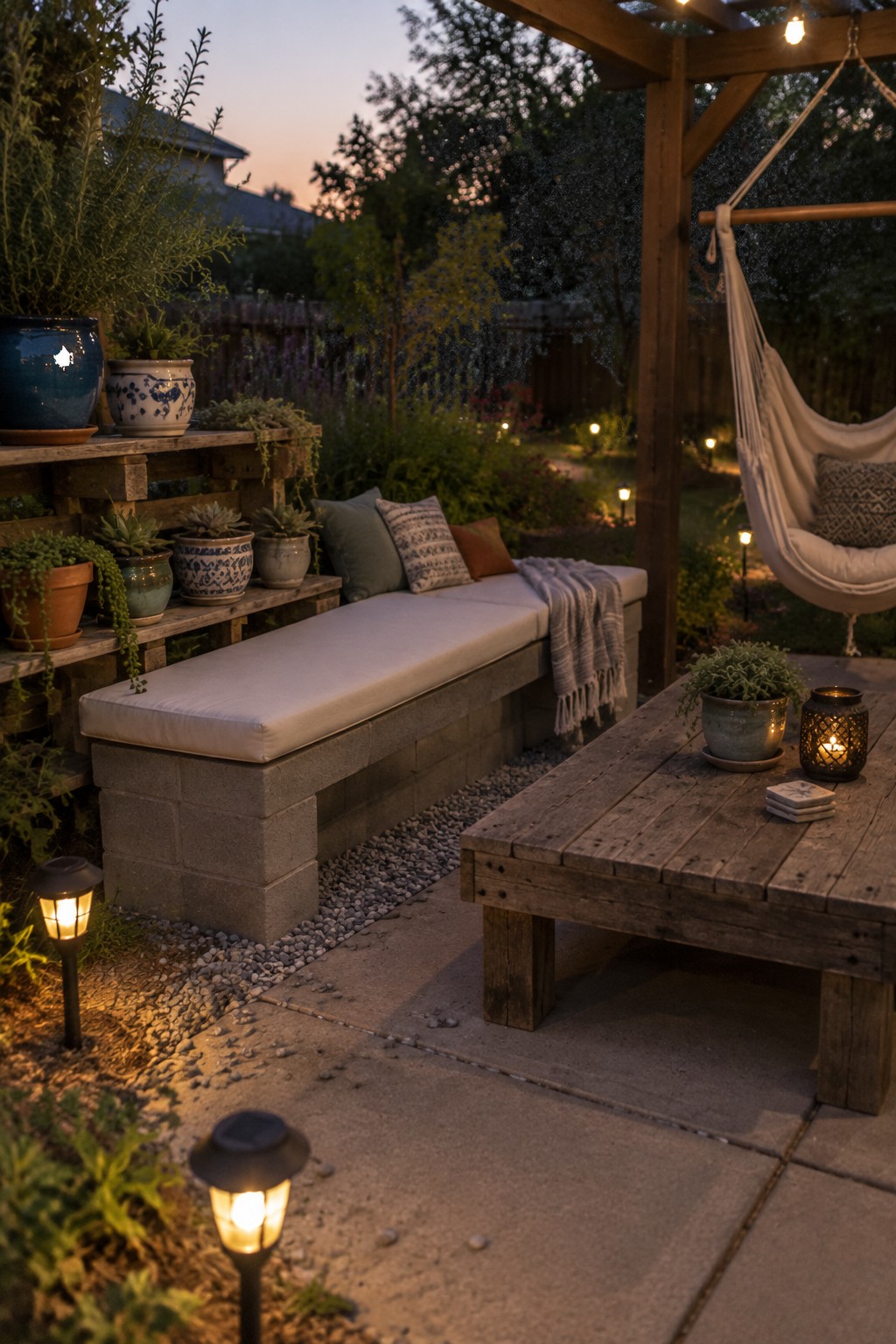 A backyard patio at dusk featuring a cinder block bench with a white cushion, a wooden table, a hanging hammock, potted plants, and string lights.