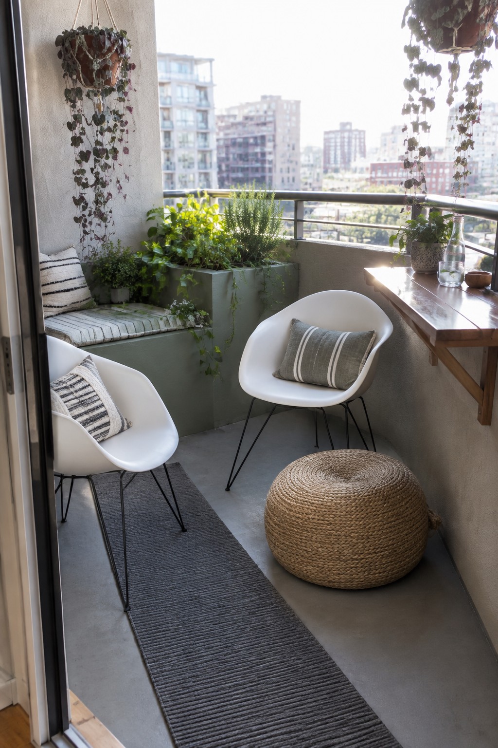 A narrow balcony with two white chairs, a woven pouf, a long gray runner rug, hanging plants, a built-in planter, and a wooden wall-mounted table overlooking city buildings.