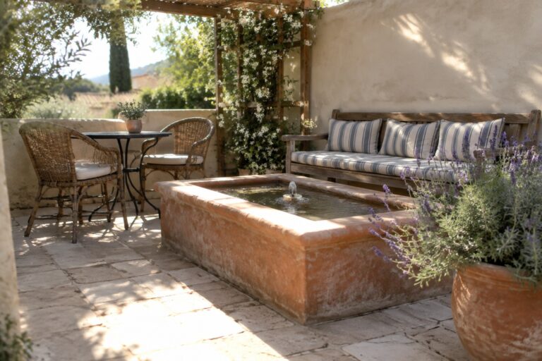 24 Affordable Patio Decorating Ideas Using Easy Decor and Furniture Updates A rectangular terracotta fountain sits at the center of a stone patio, with a wooden bench and striped cushions on the left and two wicker chairs around a small table on the right.