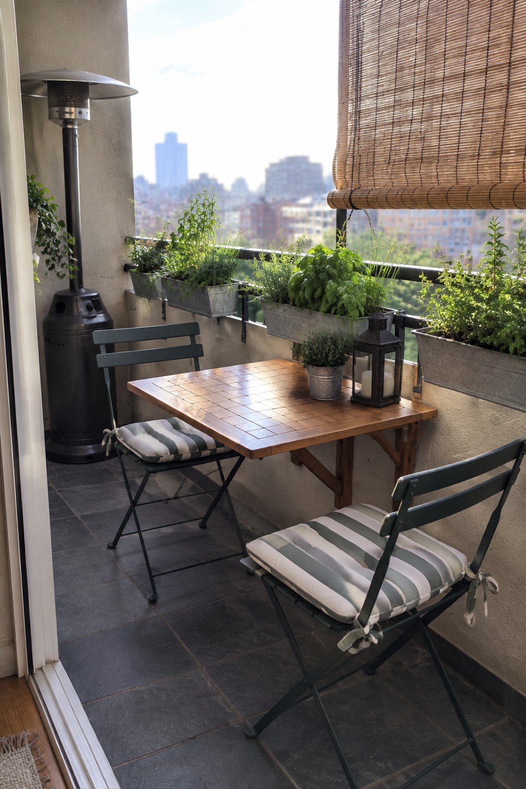 A small city balcony with a wooden fold-down table, two green metal folding chairs with striped cushions, metal planters along the railing, and a patio heater on the side.