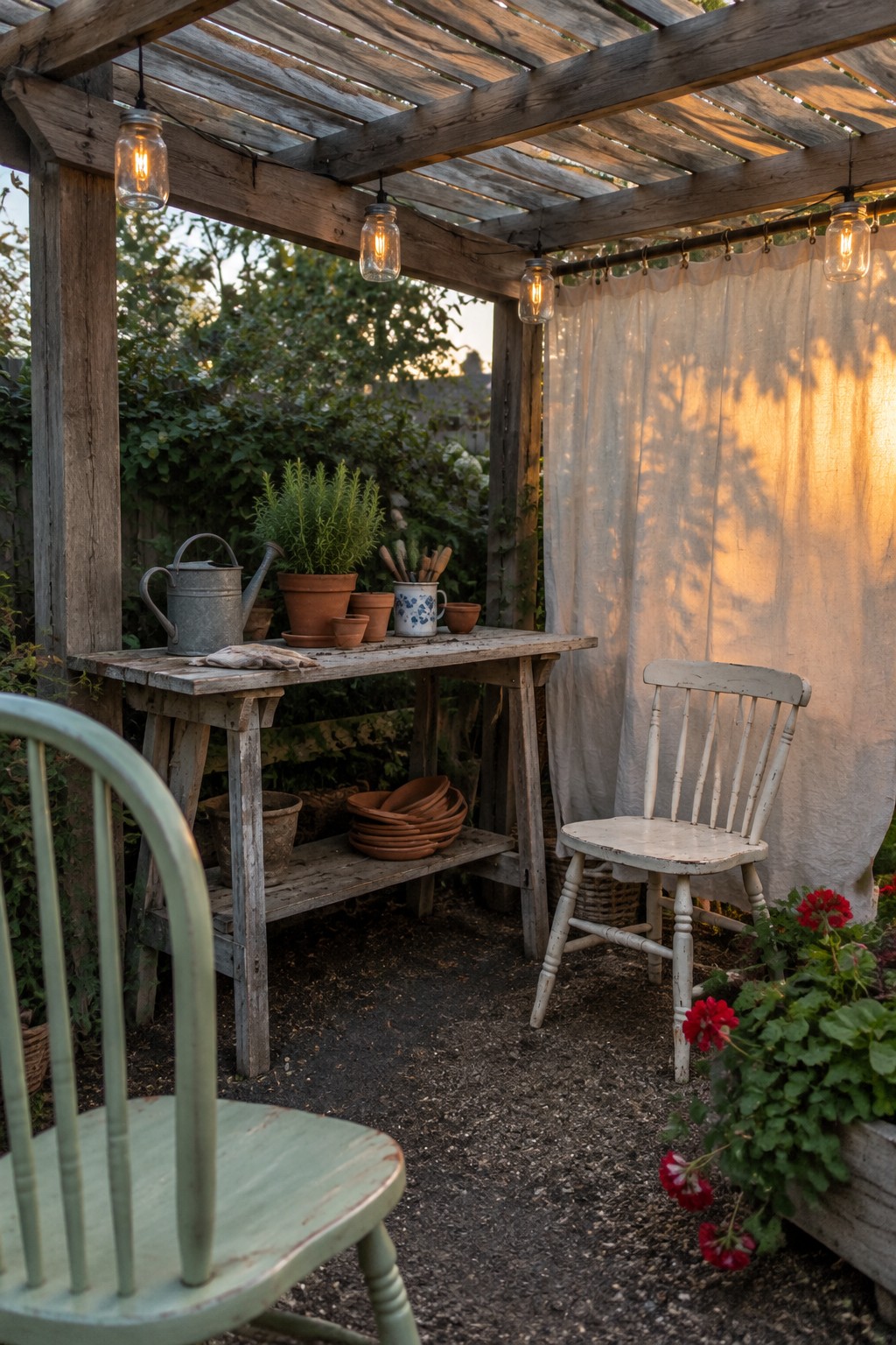Rustic wooden potting bench under pergola with mason jar lights, white chair, and red flowers.