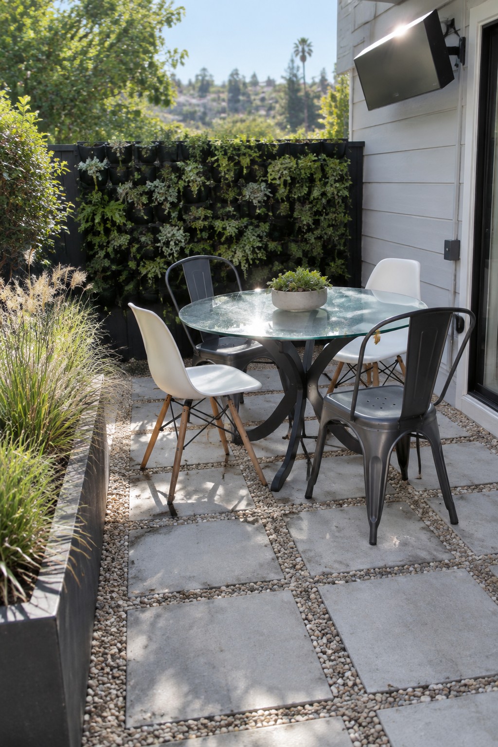A round glass patio table with four mismatched chairs in white and black metal styles sits on concrete pavers next to a vertical garden wall and an outdoor television.