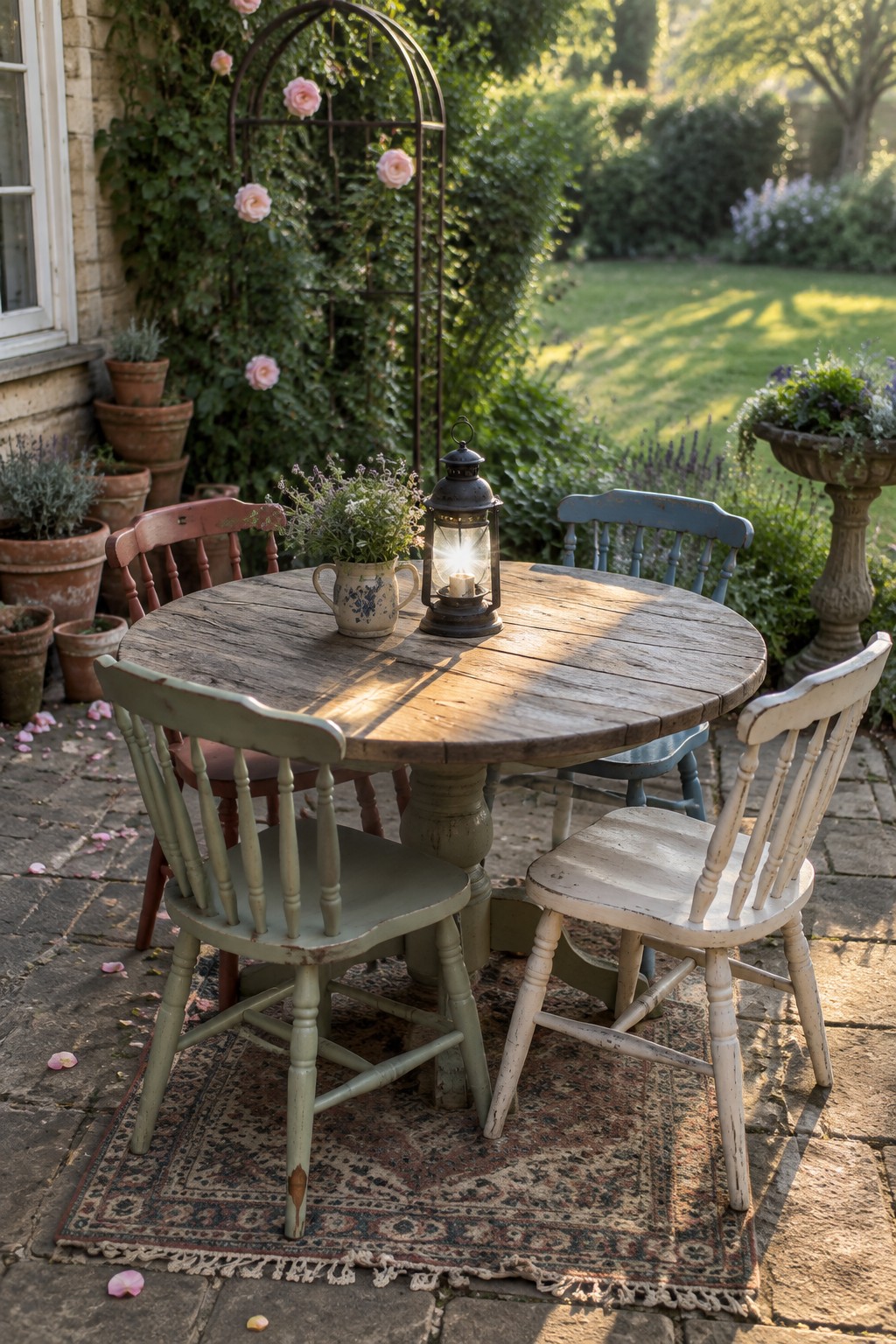 A round wooden table with four mismatched painted chairs in green, white, blue, and red sits on a patterned rug over stone pavers, with a lantern and potted plants in the background.