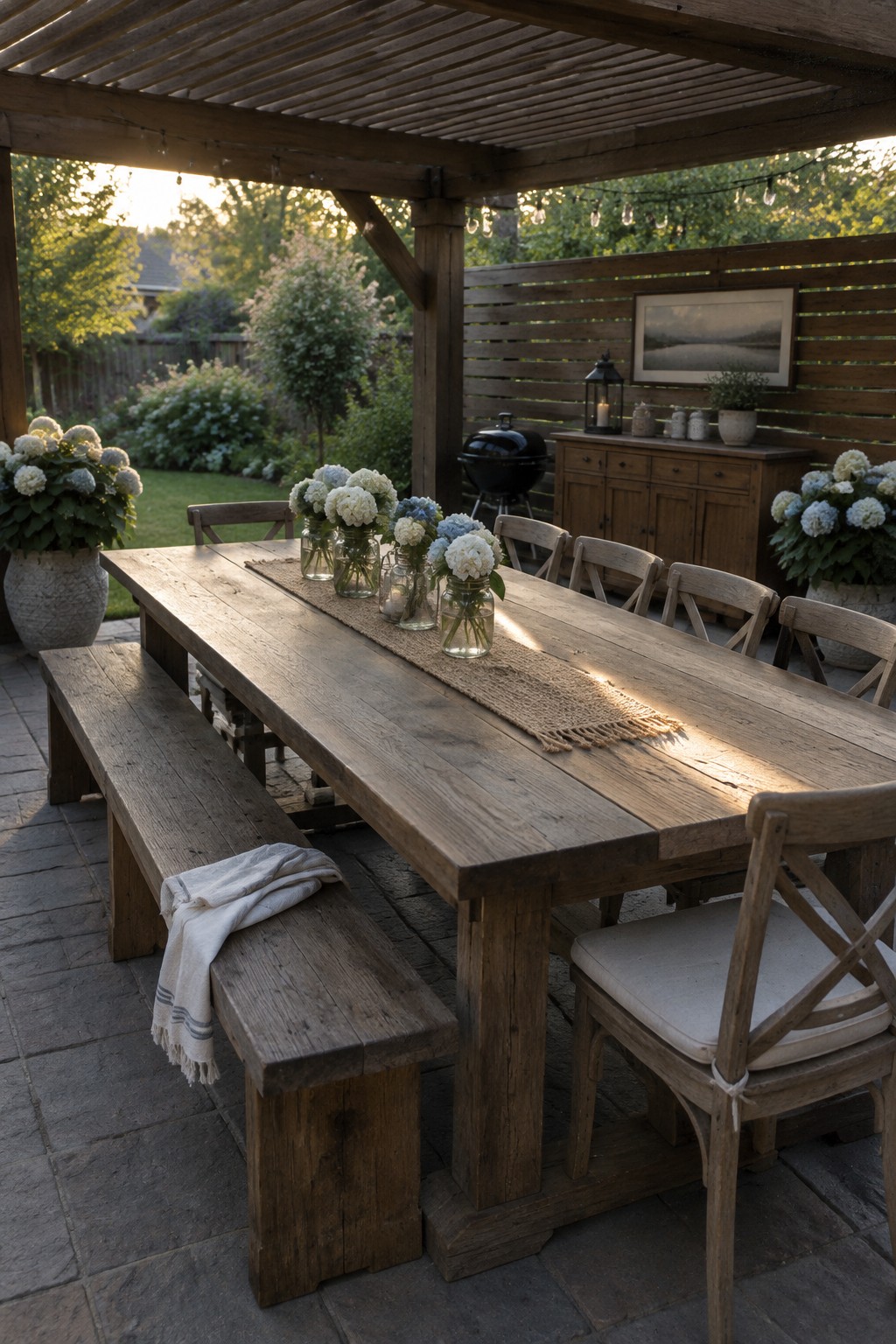A long rustic wooden table with a bench on one side and chairs on the other sits under a pergola on a stone patio, with flower arrangements in glass jars along the center.