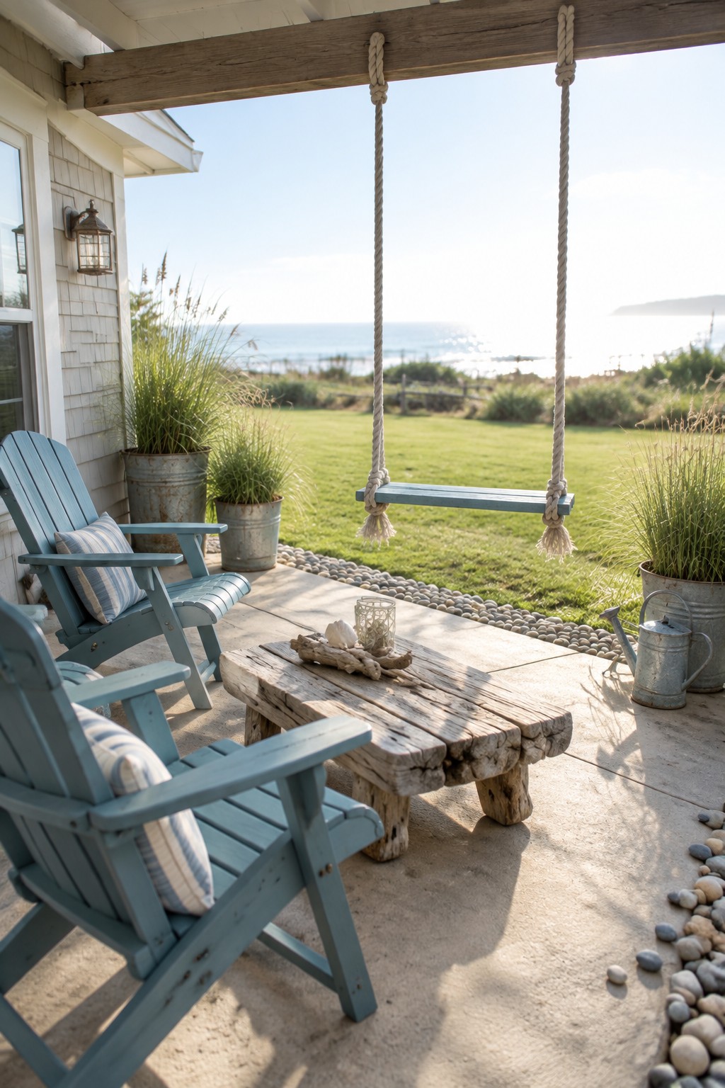 Blue Adirondack chairs and driftwood table on oceanfront porch with hanging swing