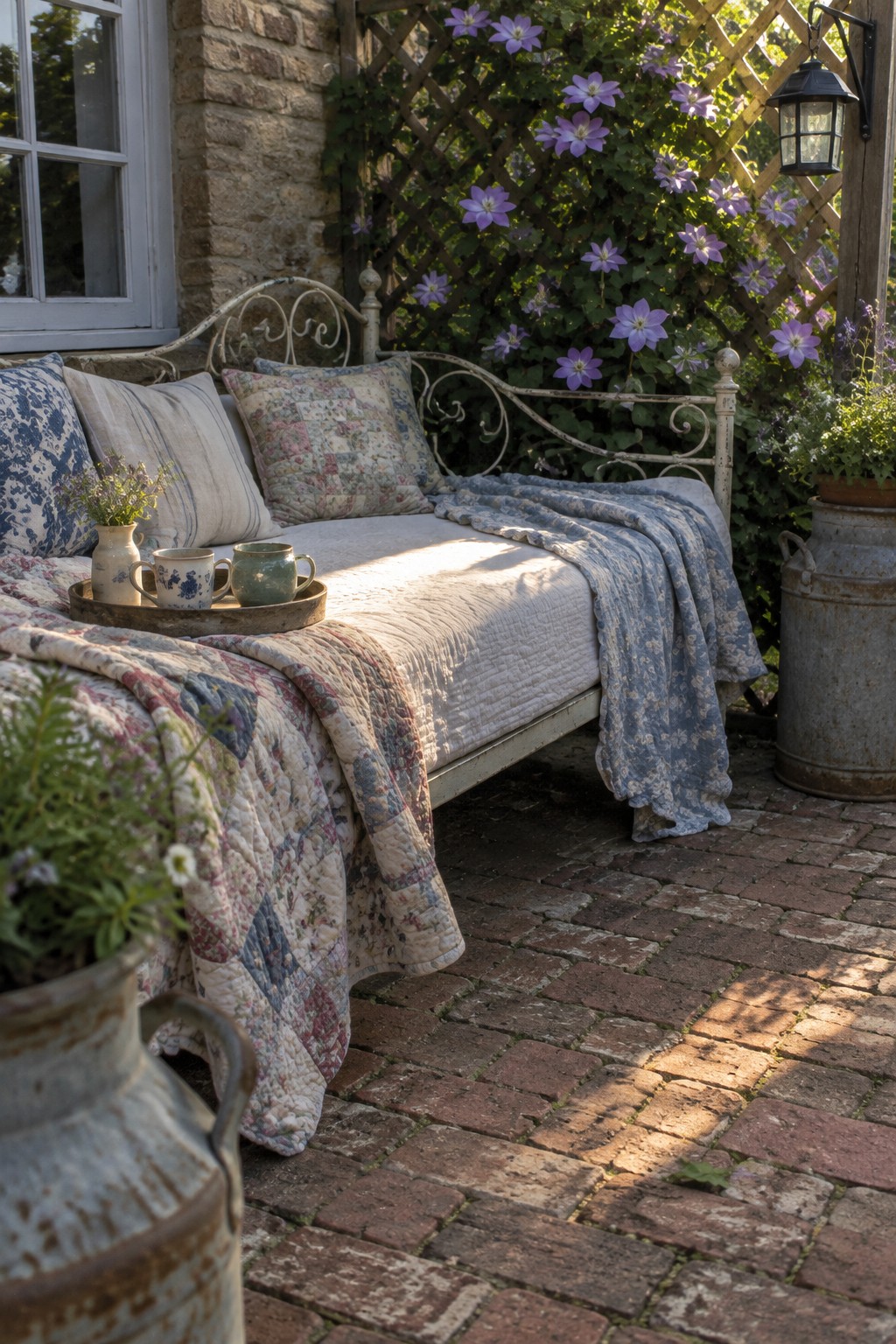 A white metal daybed layered with patchwork quilts, pillows, and a blue throw rests on a brick patio next to a wooden trellis covered in purple flowers.