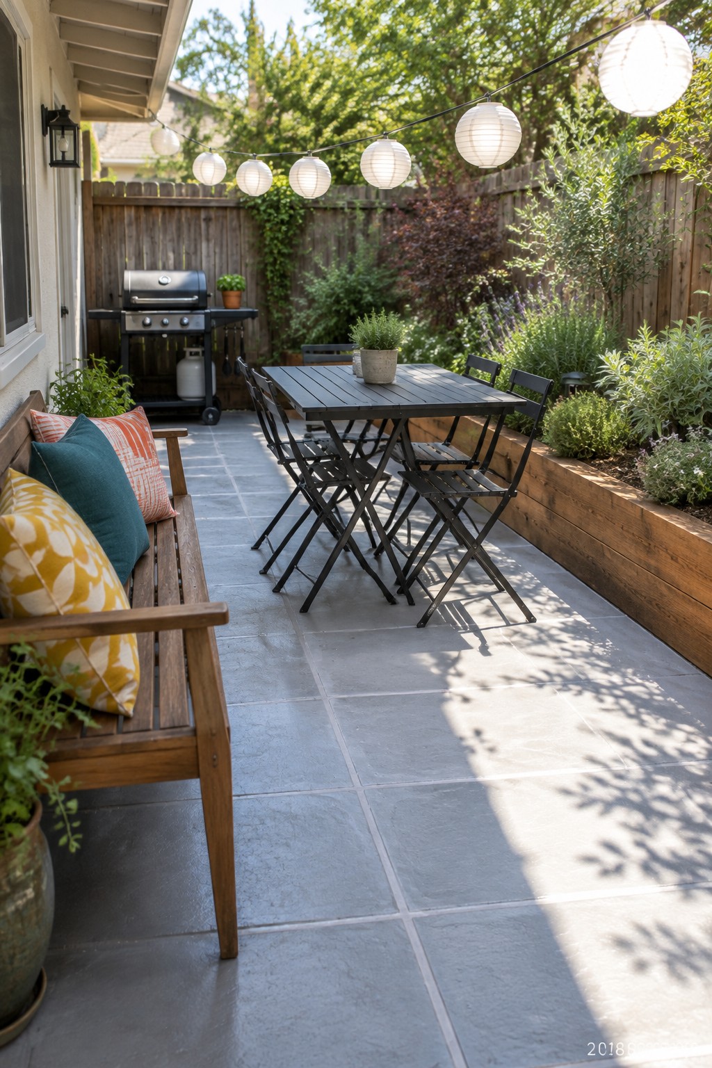 A backyard patio with a wooden bench holding colorful pillows, a black metal dining table and folding chairs, a grill, raised wooden garden beds, and string lights with white paper lanterns overhead.