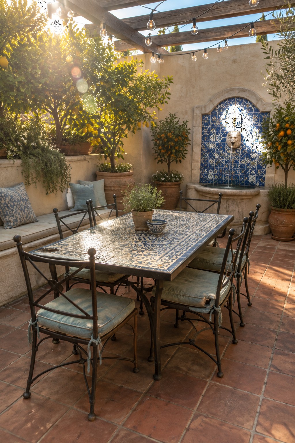 A patio dining area with a blue and white patterned tiled table, dark metal chairs with blue cushions, potted citrus trees, and a tiled fountain on a brick floor.