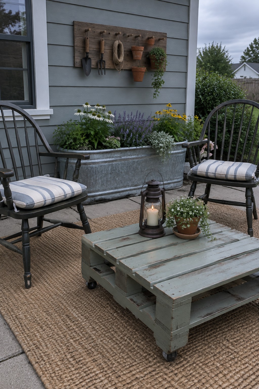 Rustic porch with two rocking chairs, pallet table, lantern, and flower tub planter.
