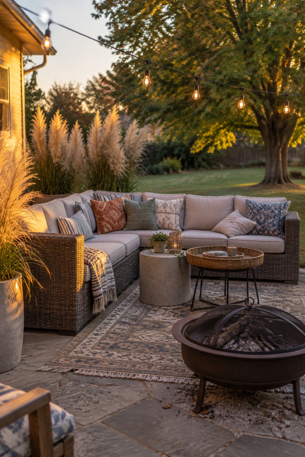 A stone patio with a large sectional sofa arranged on a patterned outdoor rug, a round fire pit nearby, string lights above, and potted grasses along the edge.