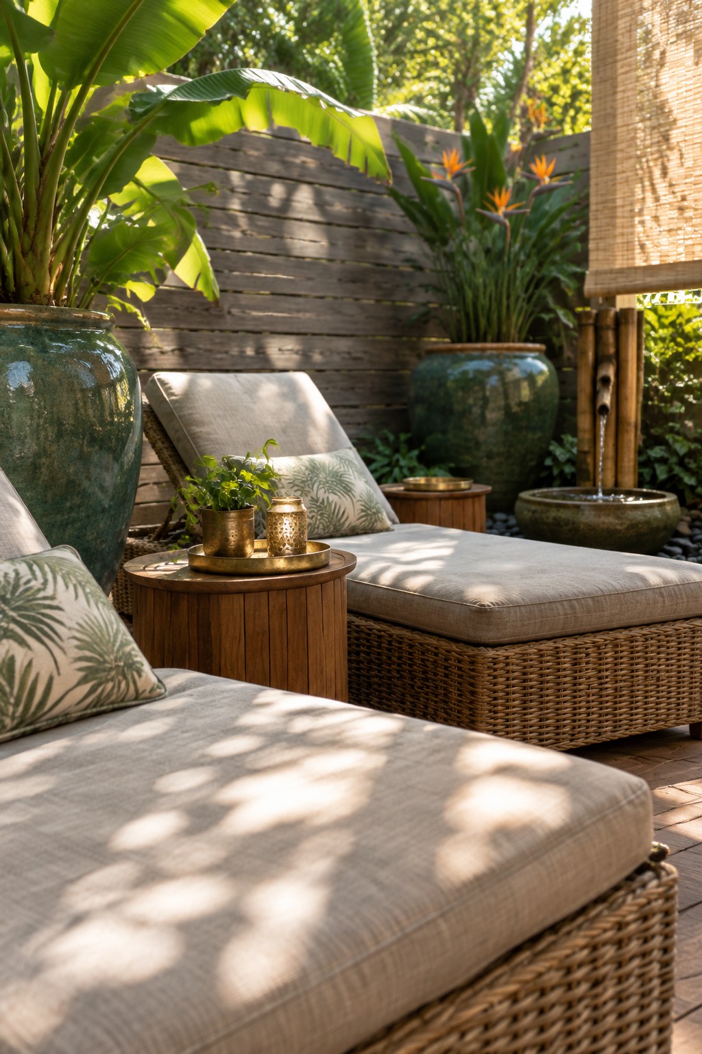 Two wicker chaise lounges with beige cushions sit on a wooden deck, flanked by large green ceramic pots holding tropical plants and a round wooden side table with small brass accents.