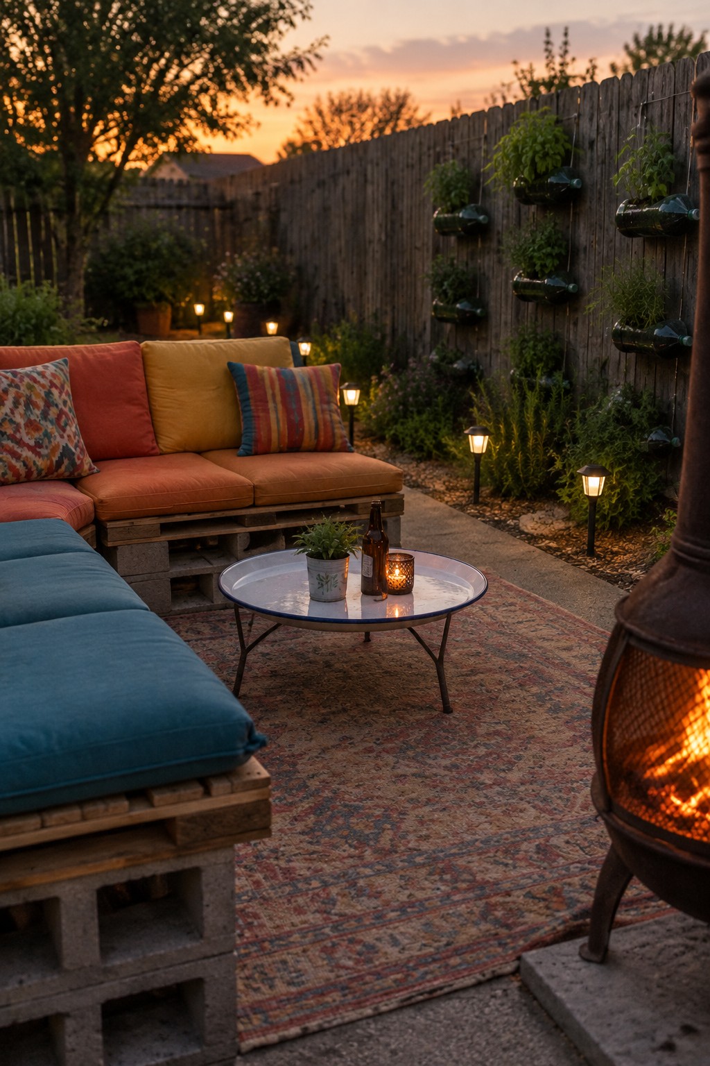 A backyard patio at dusk with pallet wood sofas topped with orange, yellow, and blue cushions, a round metal table on a patterned rug, and a lit fire pit beside a wooden fence with hanging plants.