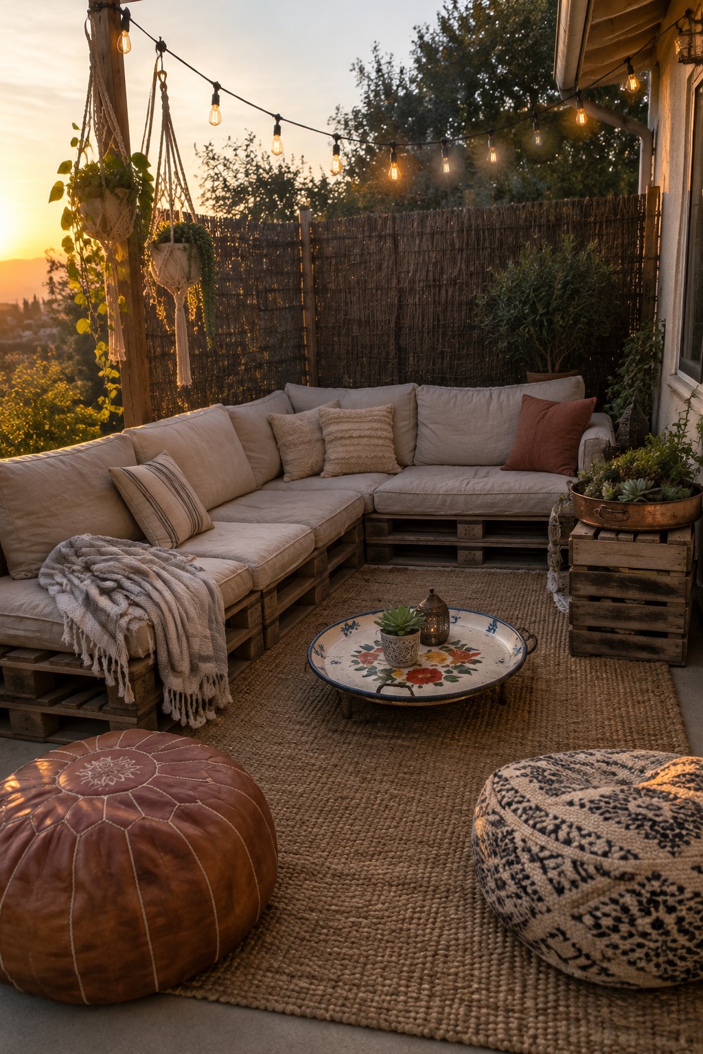 Cozy bohemian patio with pallet sofa, string lights, jute rug, and sunset glow