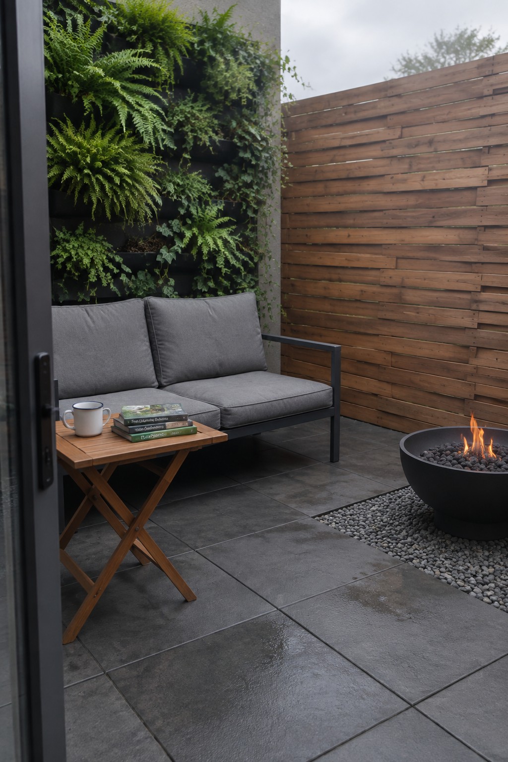 A small outdoor patio with gray tiles, a gray sofa, wooden side table, black fire pit, and a vertical wall of green ferns beside a wooden fence.
