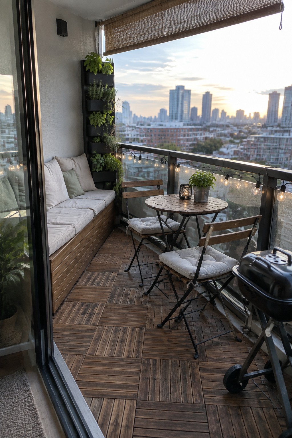 Cozy balcony with wooden bench, table, chairs, vertical garden, grill, and city skyline at dusk.