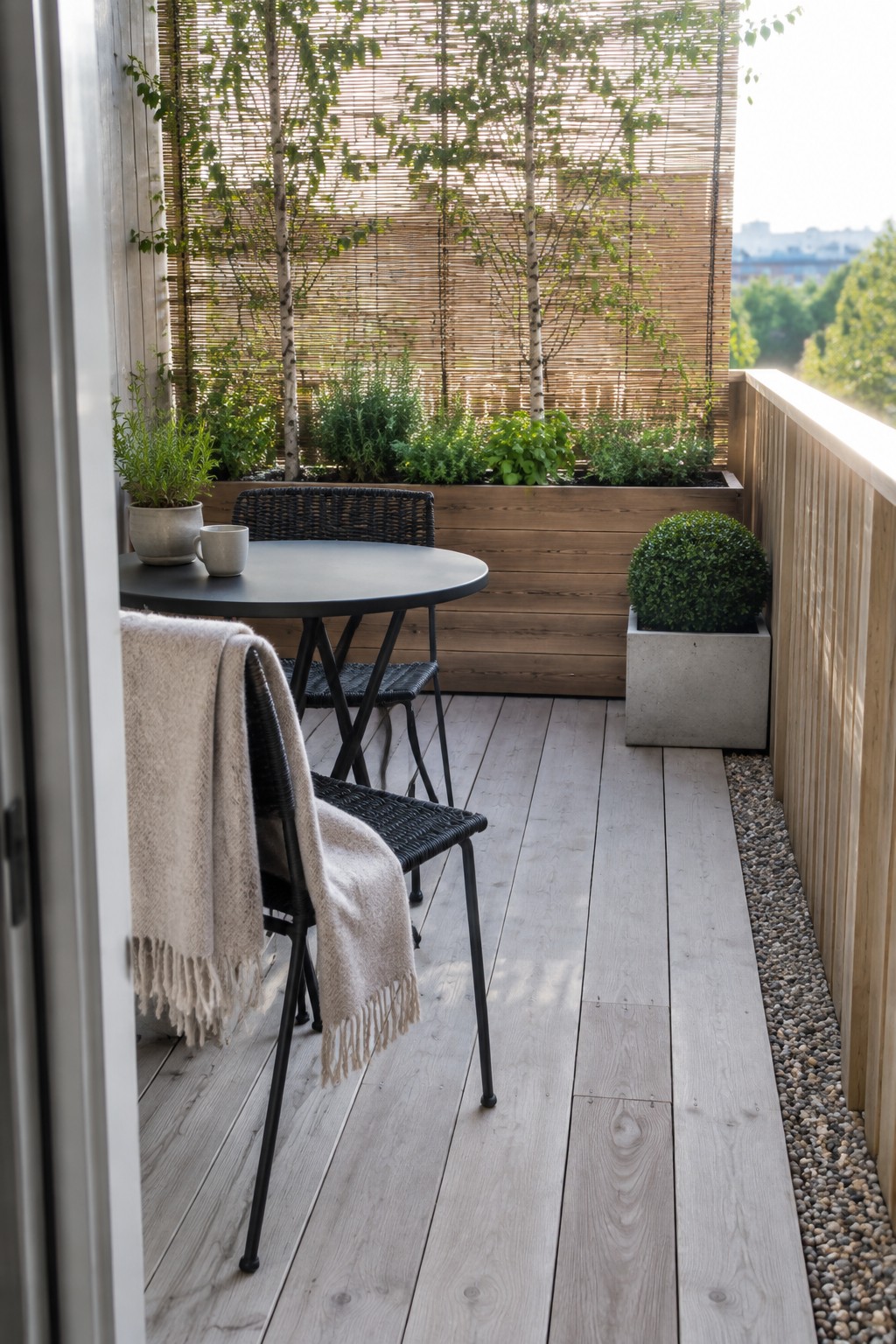 Balcony with round black table, woven chairs, beige throw, wooden planters and plants.