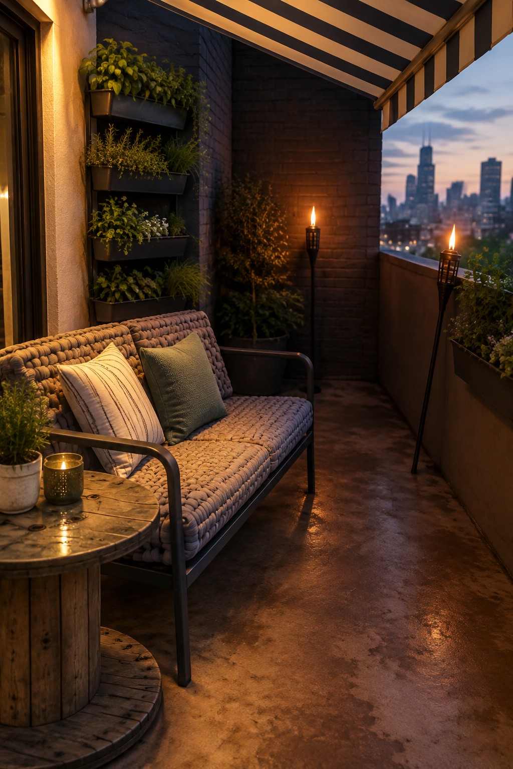 A small urban balcony with a cushioned sofa, round wooden table, lit torches, and multiple stacked wall-mounted planters filled with green plants along a brick wall.