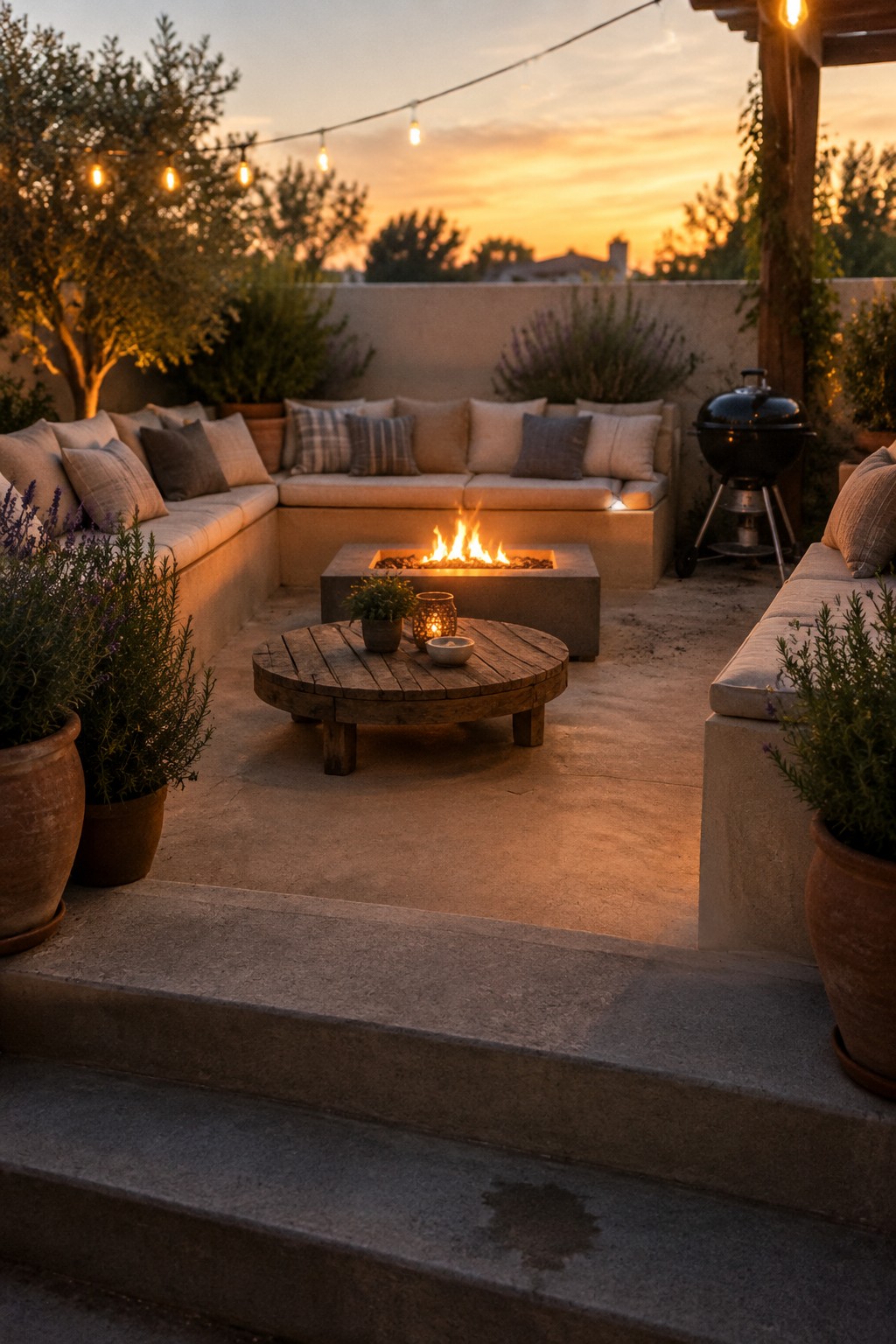 A concrete patio at dusk with L-shaped built-in seating around a square fire pit, a round wooden table in front, string lights overhead, and several large potted plants.