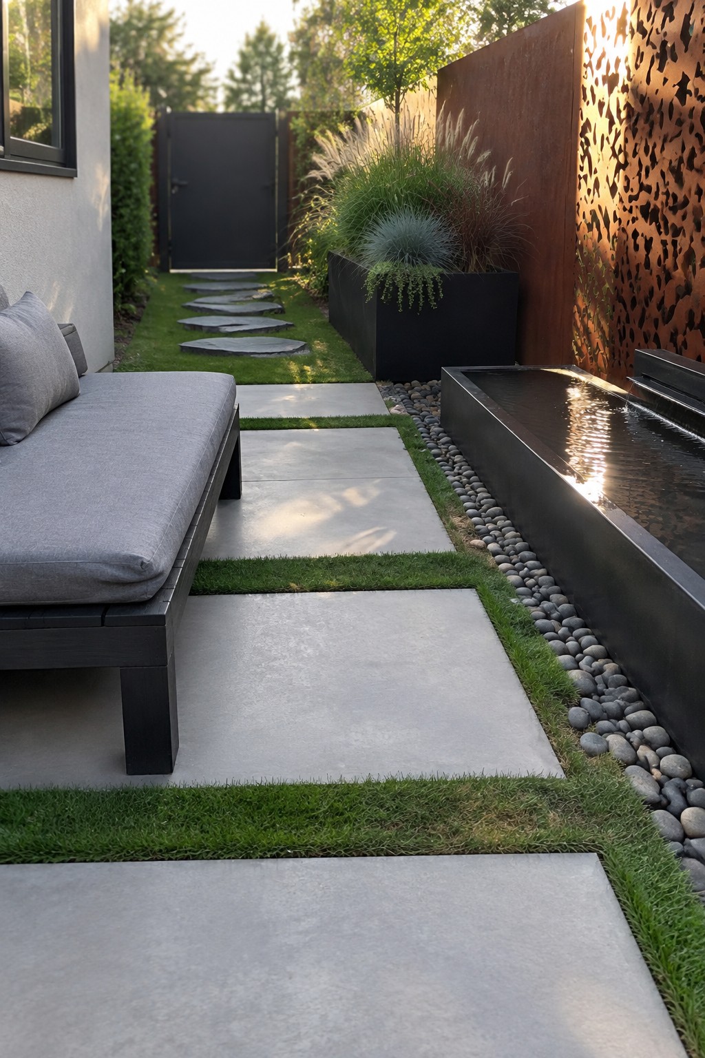 Modern patio with gray daybed, paver path, water feature, and corten screen