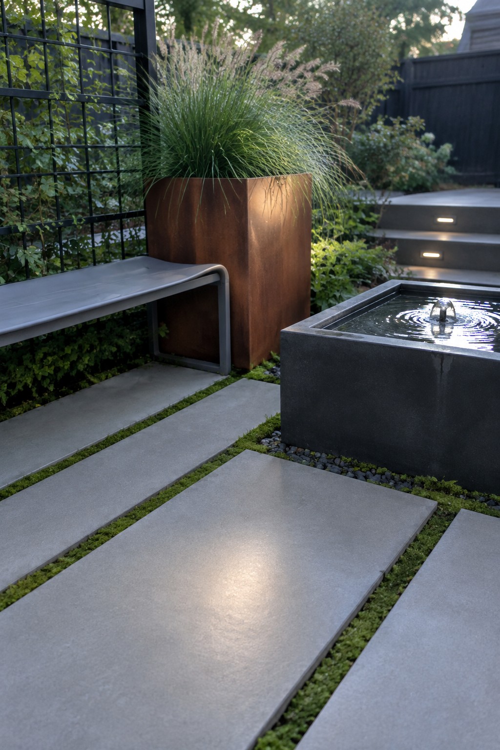 Outdoor patio with large rectangular concrete pavers separated by moss strips, a concrete water fountain basin, a gray bench, and a tall rusted metal planter with tall grass.
