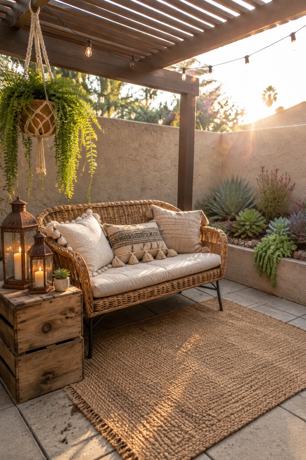 Wicker sofa with pillows on jute rug under pergola with string lights and lanterns