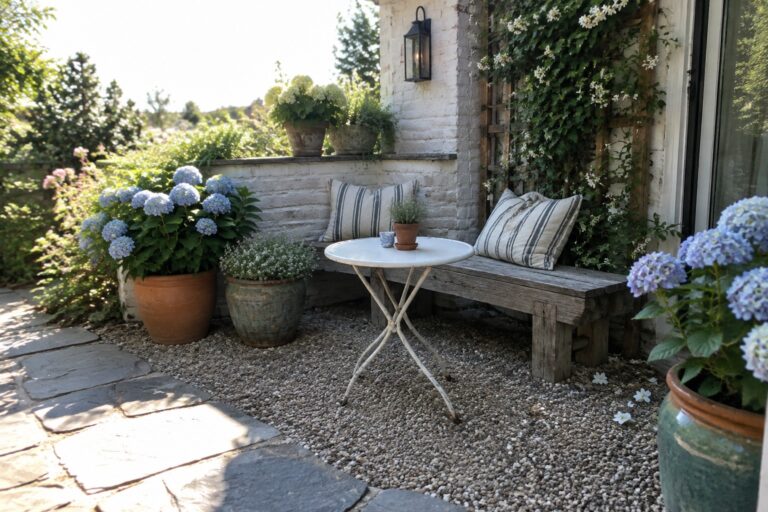 24 Affordable Small Patio Ideas for a Budget-Friendly Outdoor Refresh A small gravel patio with large stepping stones, a wooden bench with striped cushions, a round table, and potted plants along a brick wall.