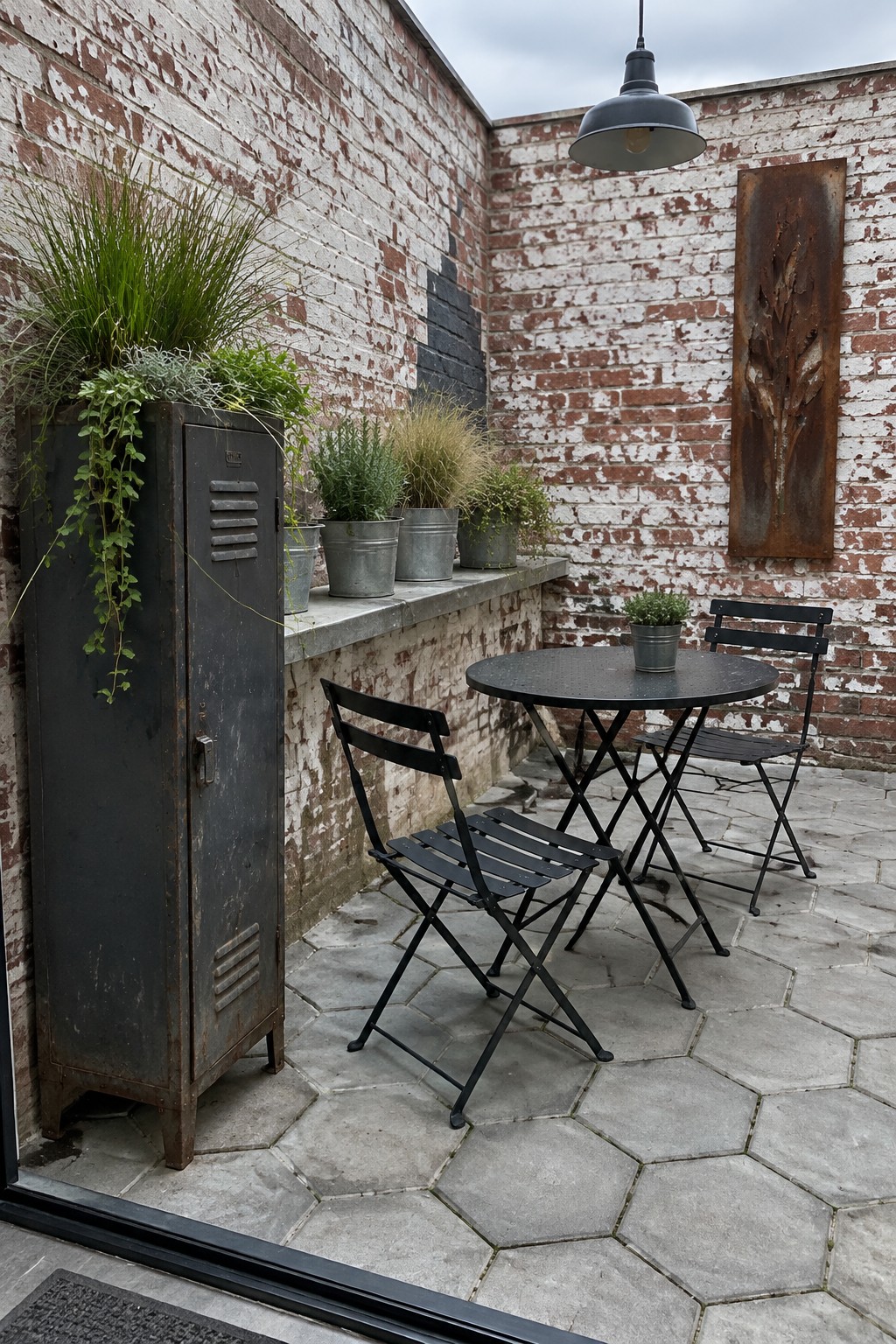 A small outdoor patio with a round black metal table, two folding chairs, potted plants on a ledge, and a tall metal cabinet against a whitewashed brick wall.