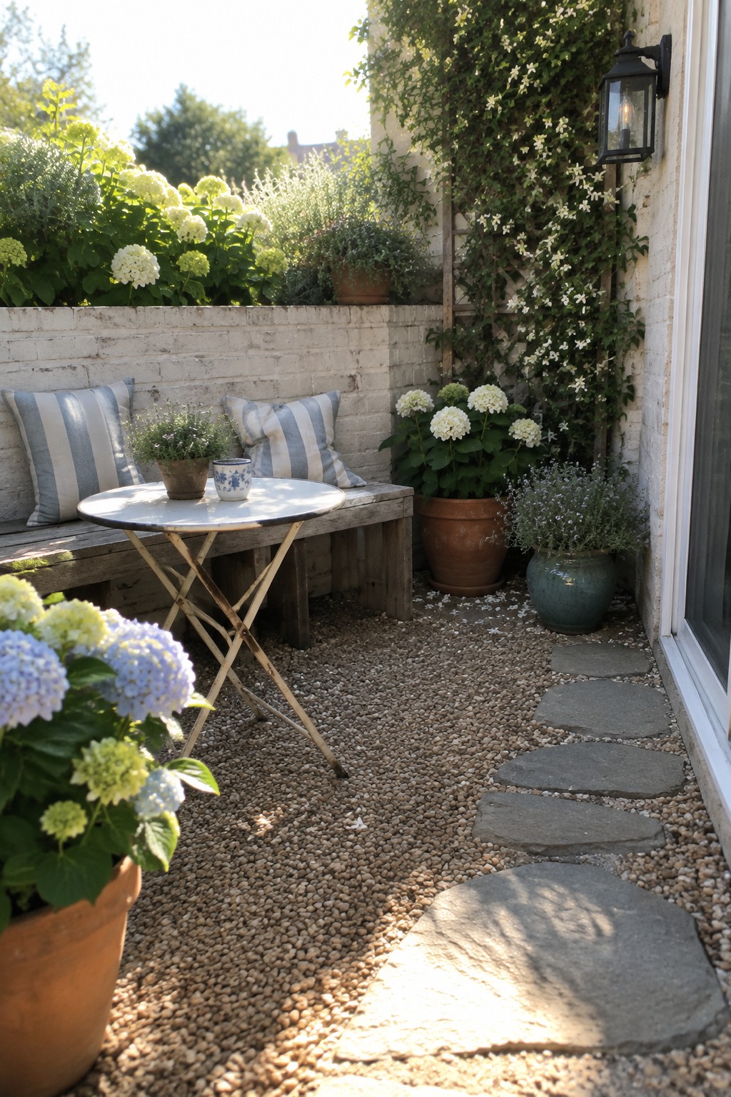 A small gravel patio with large stepping stones, a wooden bench with striped cushions, a round table, and potted plants along a brick wall.