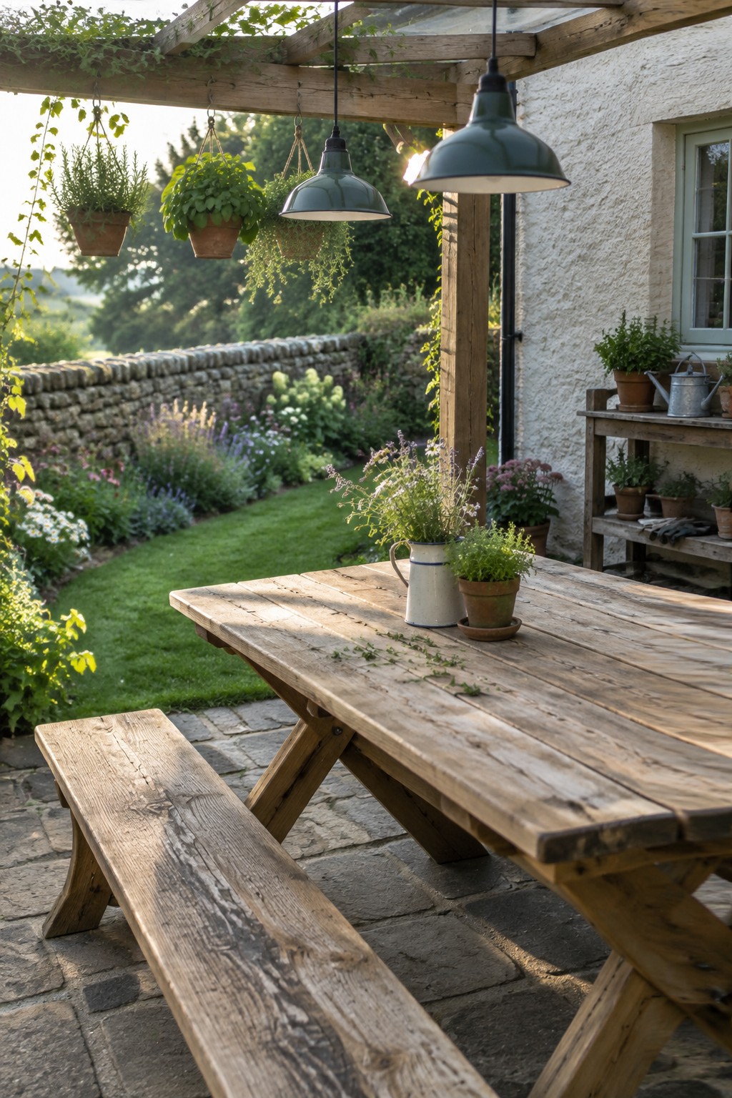 A rustic wooden table and bench on a stone patio under a pergola with two green pendant lights hanging above and potted plants nearby.