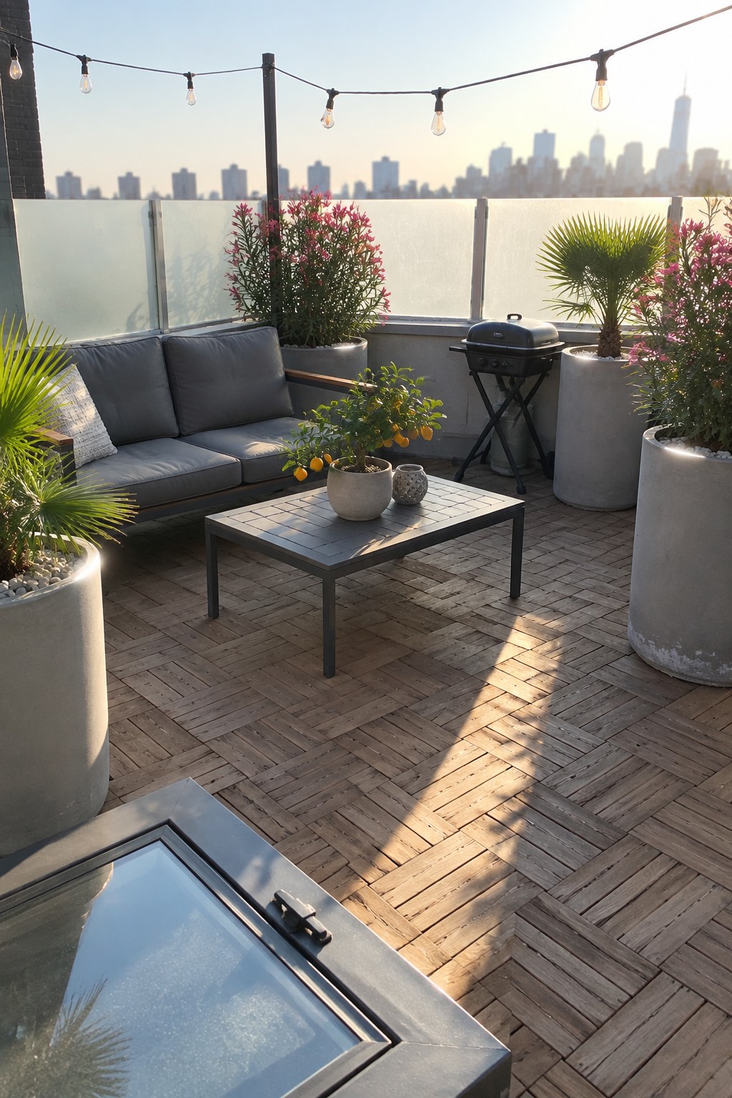 A rooftop patio featuring a gray outdoor sofa, square coffee table, black grill on a stand, and multiple large concrete planters with pink flowering shrubs and palm trees, set on wood decking with string lights and a city skyline in the background.