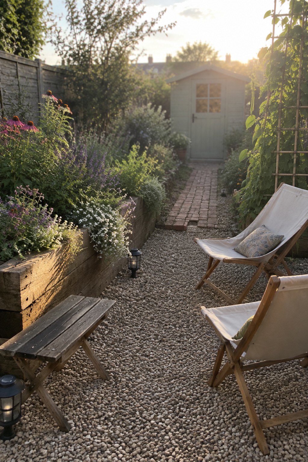 Gravel garden area with two wooden deck chairs, a bench, a brick path, and raised flower beds leading toward a shed.