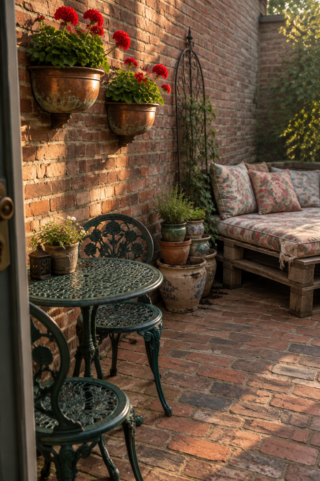 A brick patio corner showing a pallet daybed with floral cushions, a green metal table and chairs, and assorted potted plants mounted on and placed against a brick wall.