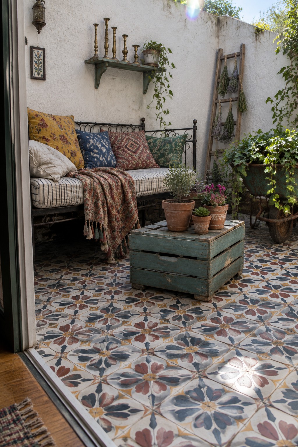 Cozy patio with floral tiled floor, daybed, pillows, potted plants, and rustic decor.