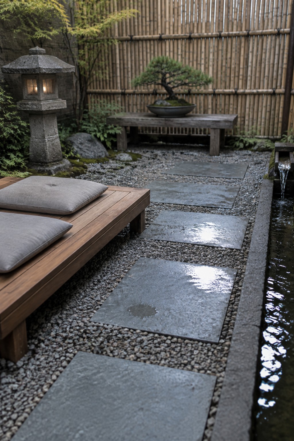 A narrow garden patio with large gray stepping stones set in gravel, a wooden bench with cushions on the left, a stone lantern, and a water channel on the right.
