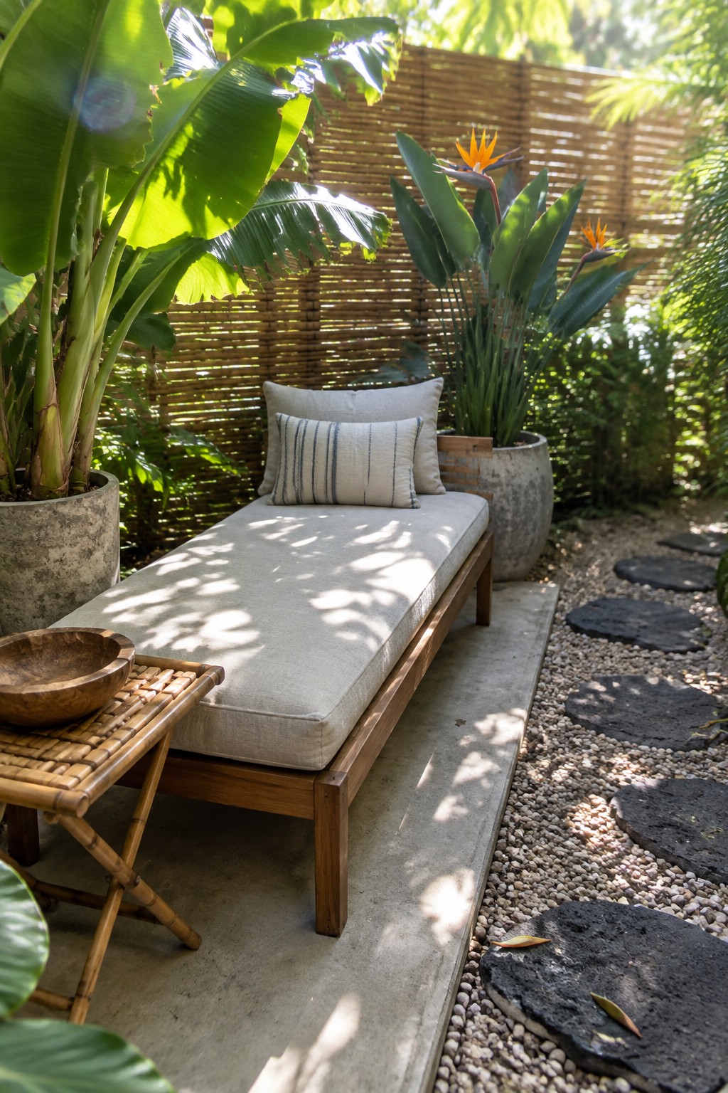 A wooden daybed with light cushions and pillows sits on a concrete pad beside large potted plants, with a bamboo screen behind it and a gravel path of stepping stones to the side.