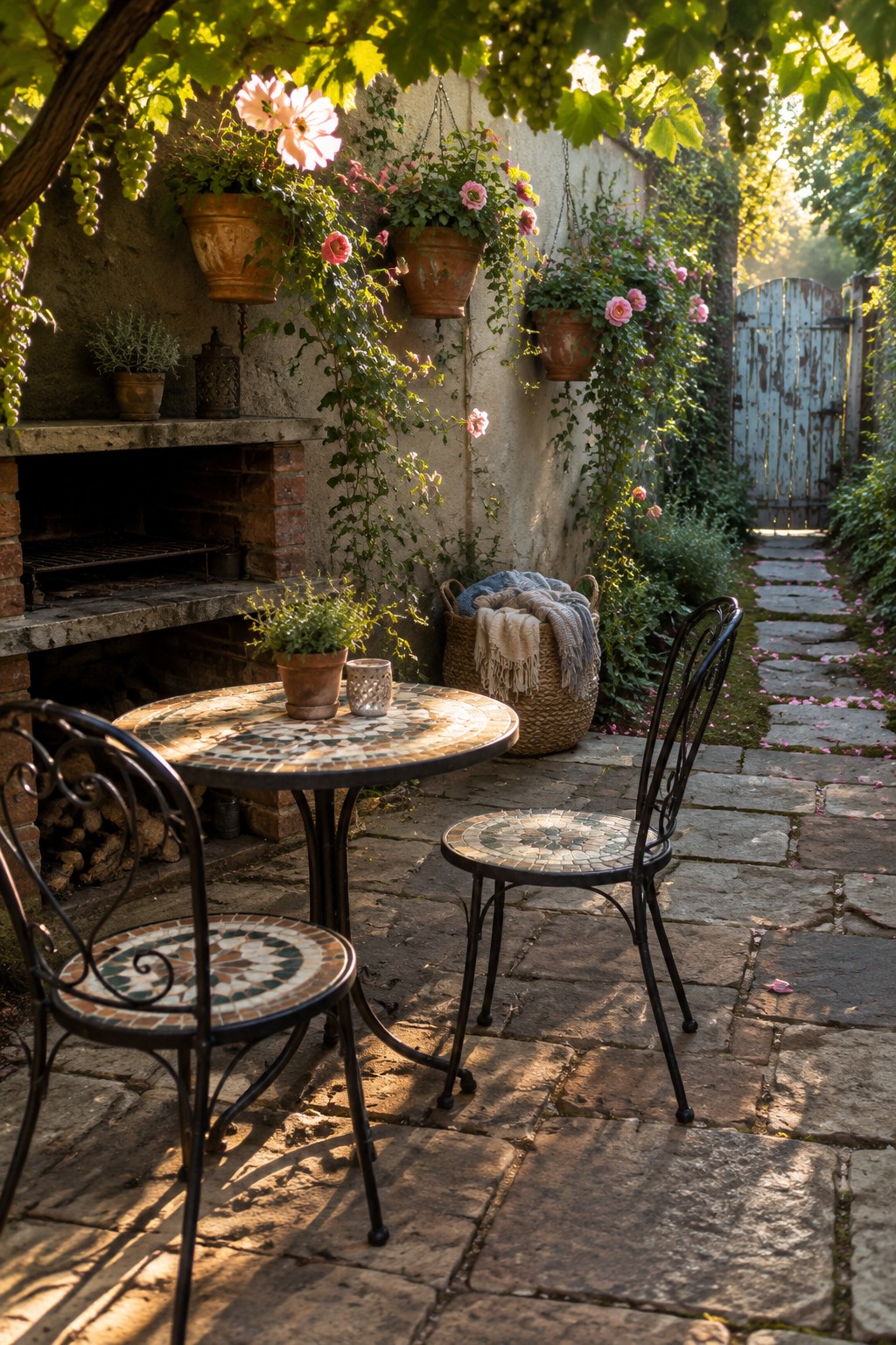 A round mosaic-tiled table with two chairs sits on a stone patio next to a brick fireplace, with hanging flower pots on the wall and a path leading to a gate.