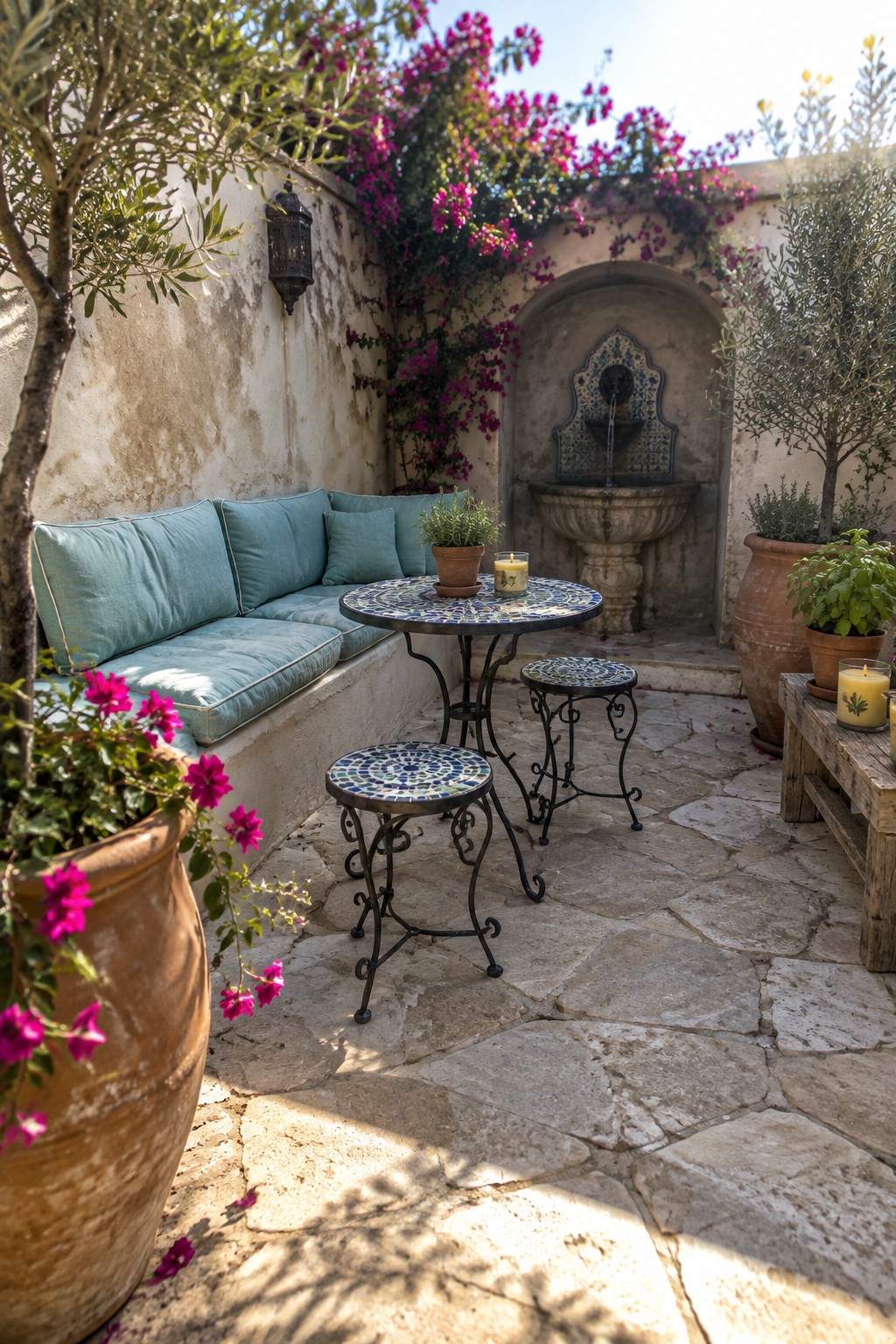 Mediterranean courtyard with mosaic table, teal bench, stone fountain, and pink bougainvillea.