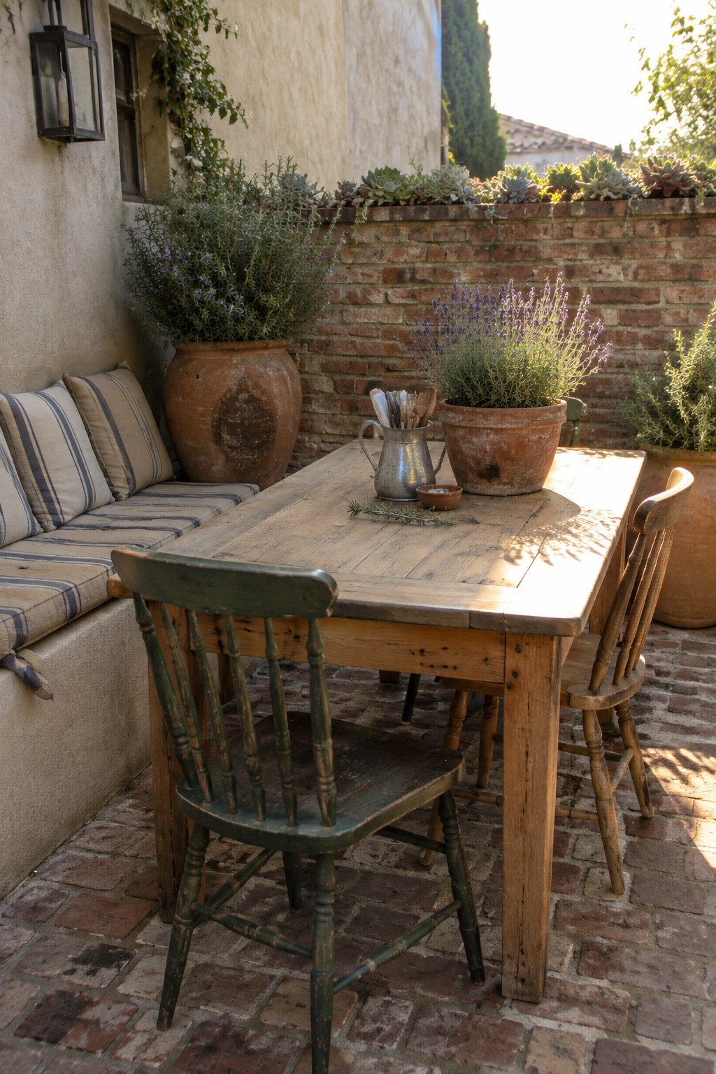 A wooden dining table with several chairs sits on a brick patio next to large terracotta pots and a cushioned bench against a stucco wall.