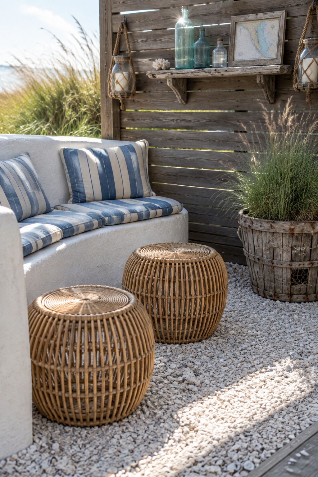 Coastal patio with white bench, blue striped cushions, woven stools, and rustic wooden wall